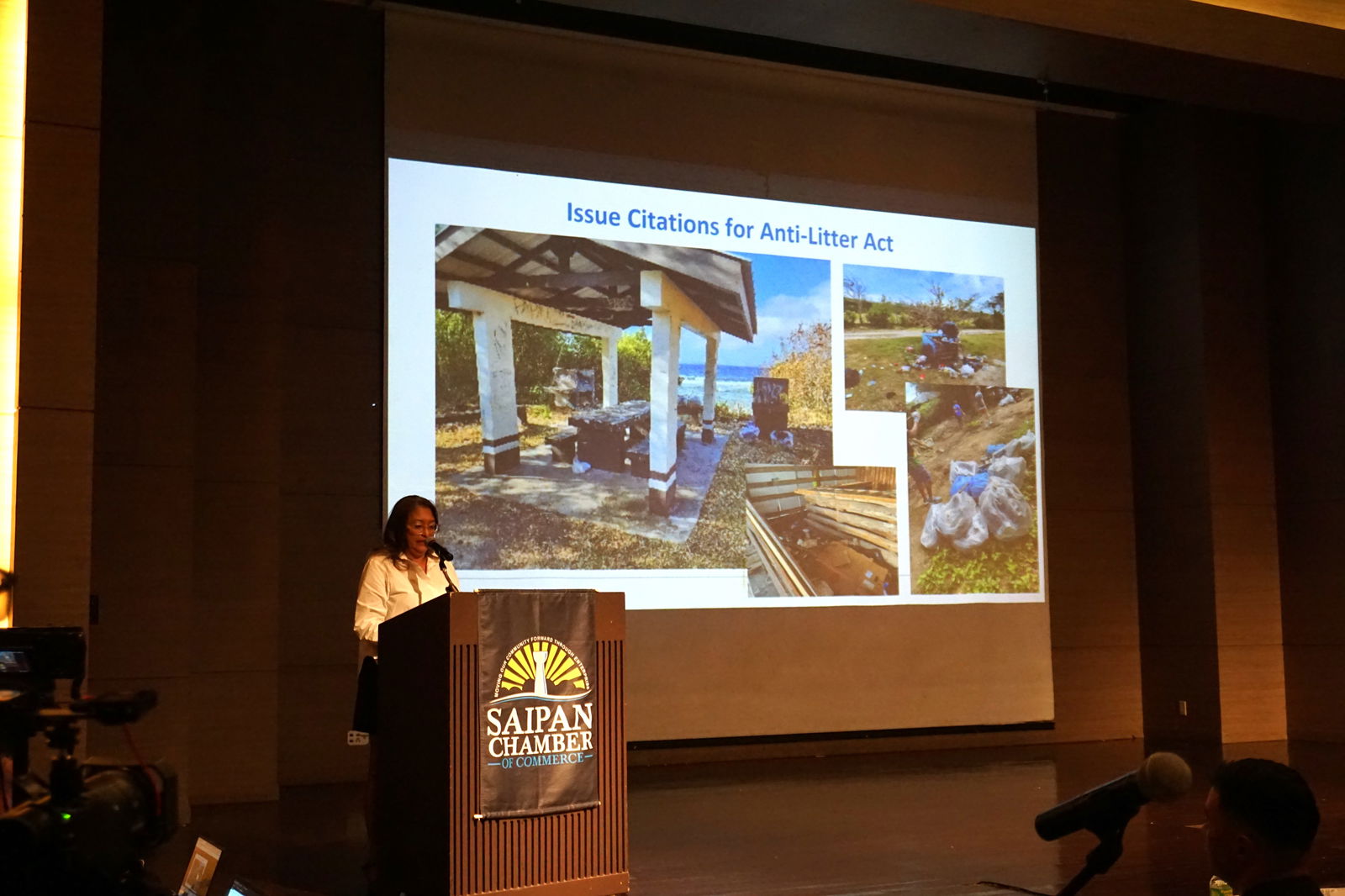 Marianas Visitors Authority Acting Board Chair Gloria Cavanagh speaks at the Saipan Chamber of Commerce 2nd Annual Economic Forum at the Saipan World Resort on Friday, May 16.