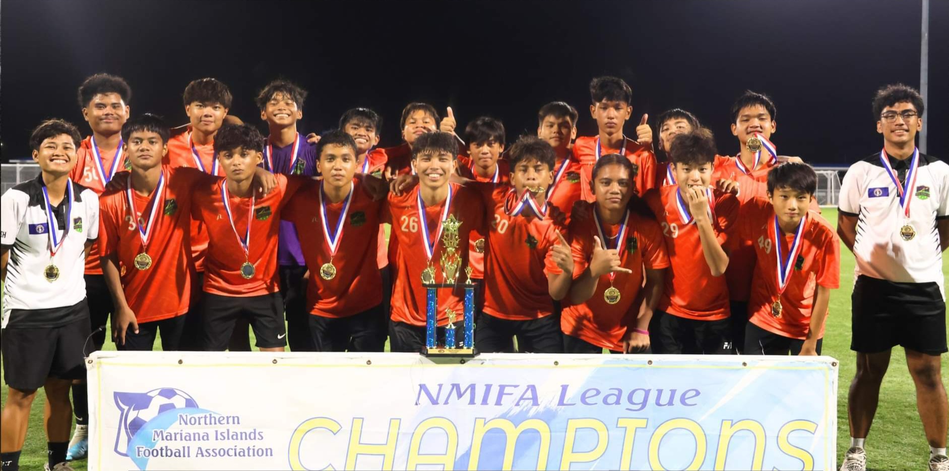 Kanoa Football Club players poses for a photo after winning the U17 boys division championship  of the TakeCare Youth Soccer League Spring 2024 at the NMI Soccer Training Center on Saturday.