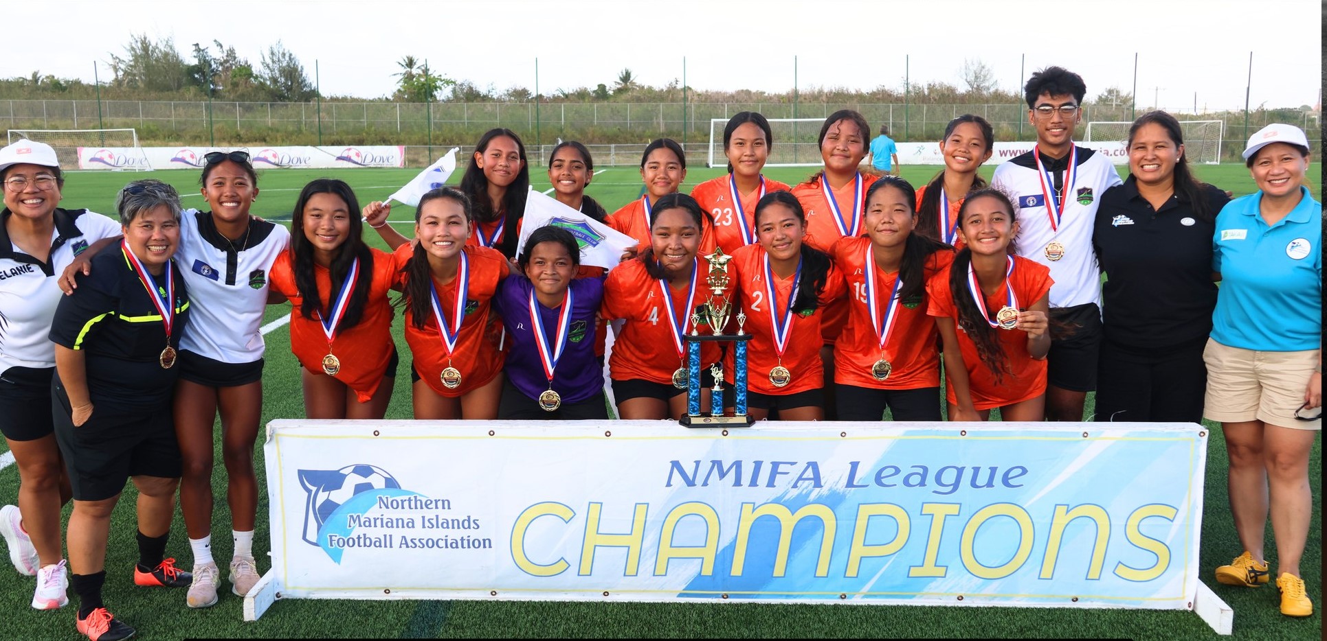 Kanoa Football Club players pose for a photo after winning the U17 girls division title of the TakeCare Youth Soccer League Spring 2024 at the NMI Soccer Training Center on Saturday.