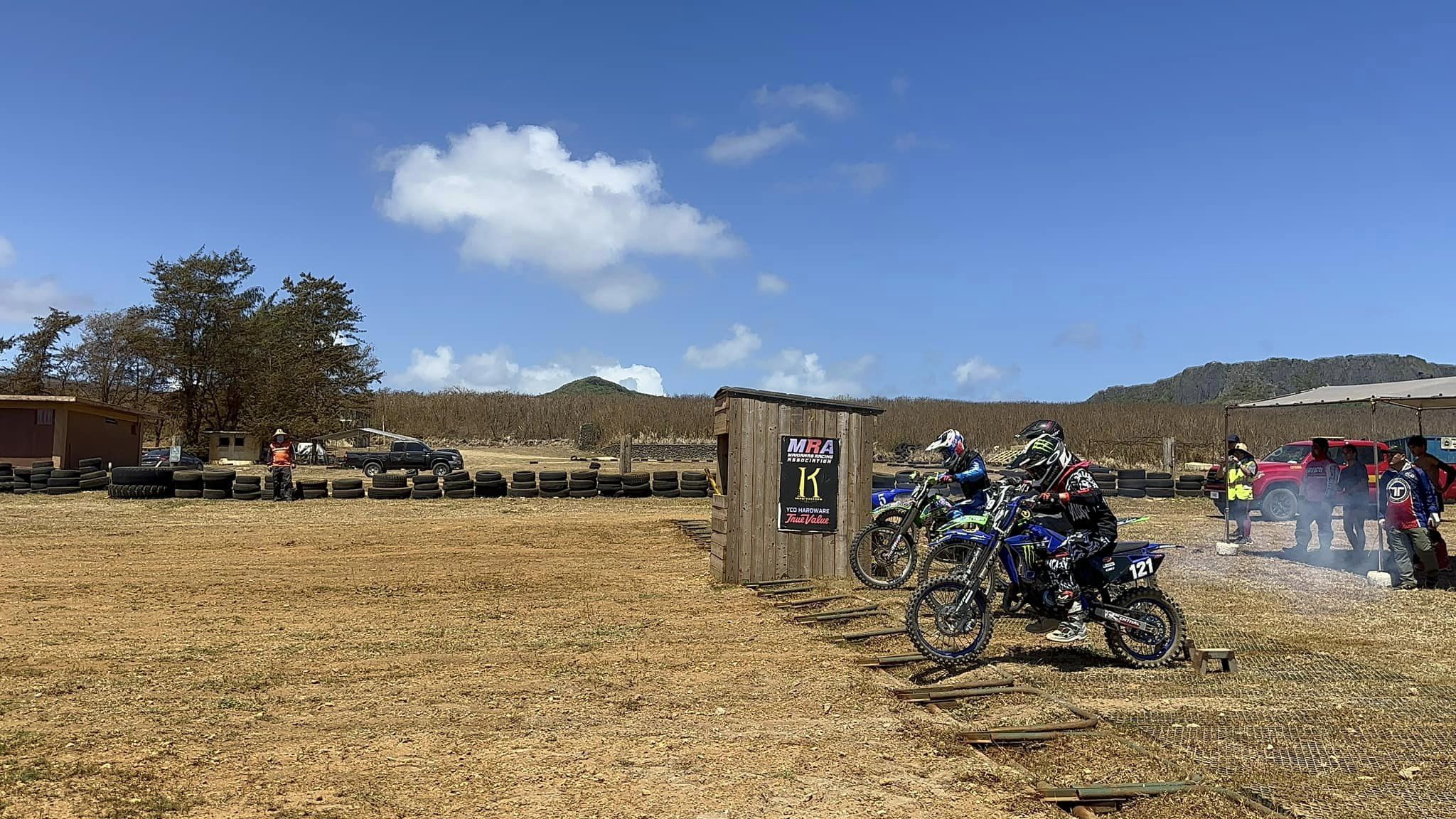 Riders in the Veterans Class prepare to take off at the starting line of the Cowtown Raceway Park during round 3 of the Marianas Racing Association “Moto IV” 2024 Points Race Series on Sunday, April 28.