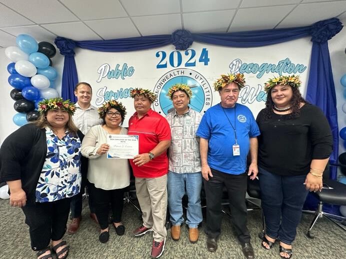 Patrick Cabrera was awarded the 2024 CUC Employee of the Year for Rota. Pictured with Cabrera, from left to right, are Acting Executive Director Betty Terlaje, Legal Counsel Hunter Hunt, Board Chairperson Janice Ada Tenorio, Board Treasurer Rufo T. Mafnas, Deputy Executive Director Kevin Watson, MPA, and Board Member Rebecca C. White.