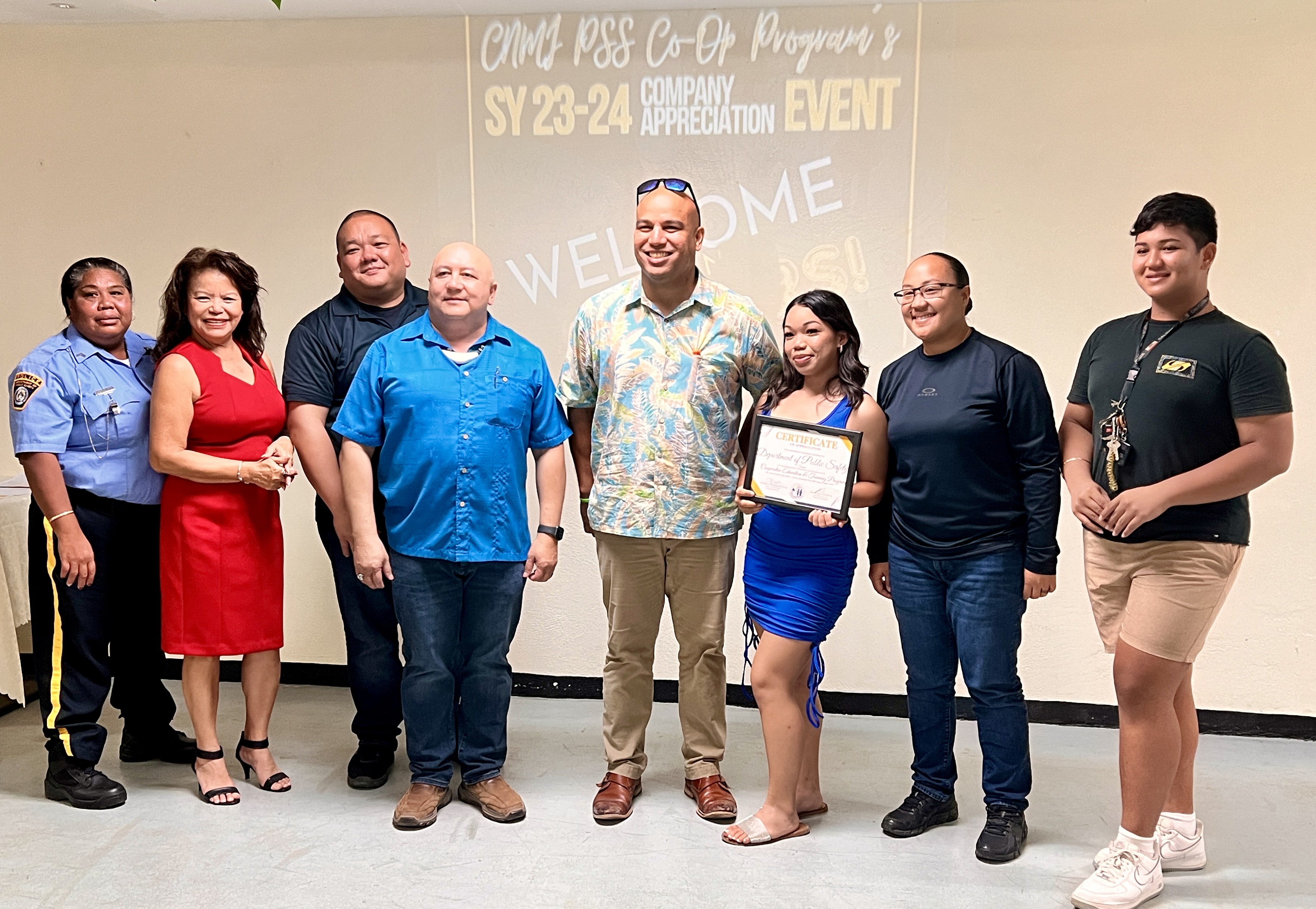 The PSS Cooperative Education Program’s government partner in Tinian is the Department of Public Safety. Photo shows DPS-Tinian officials and their student interns after they were presented with a plaque of recognition by Commissioner of Education Dr. Lawrence F. Camacho, Associate Commissioner Administrative Service Eric Magofna and TSJHS Principal Liz Perzinski.