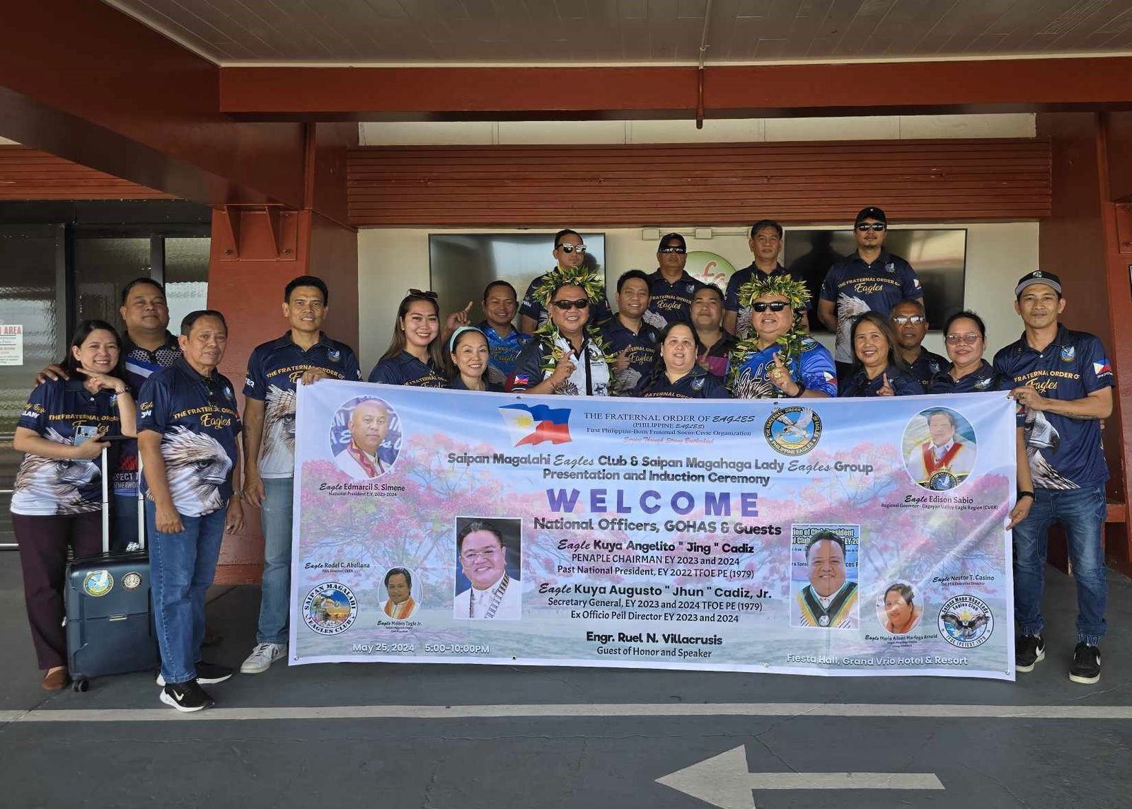 Two visiting national Fraternal Order of Eagles officials from the Philippines, Angelito “Jing” Cadiz and Augusto “Jhun” Cadiz Jr., are warmly greeted by the Saipan Eagles at the local airport.