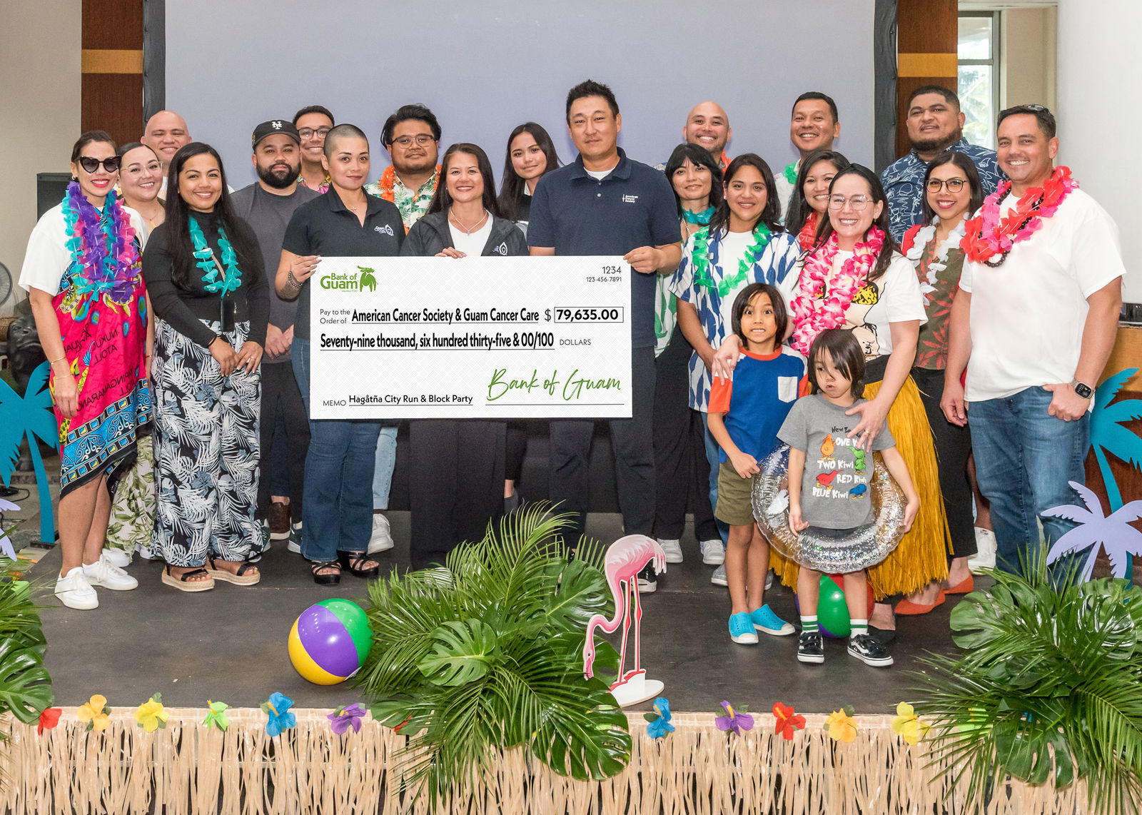 Bank of Guam presents Guam Cancer Care and the American Cancer Society with the proceeds  raised from the Hagåtña City Run & Block Party. The presentation was made during the Bank’s quarterly Hula-Hoopla Lu’au-Themed Celebration on April 24, 2024.