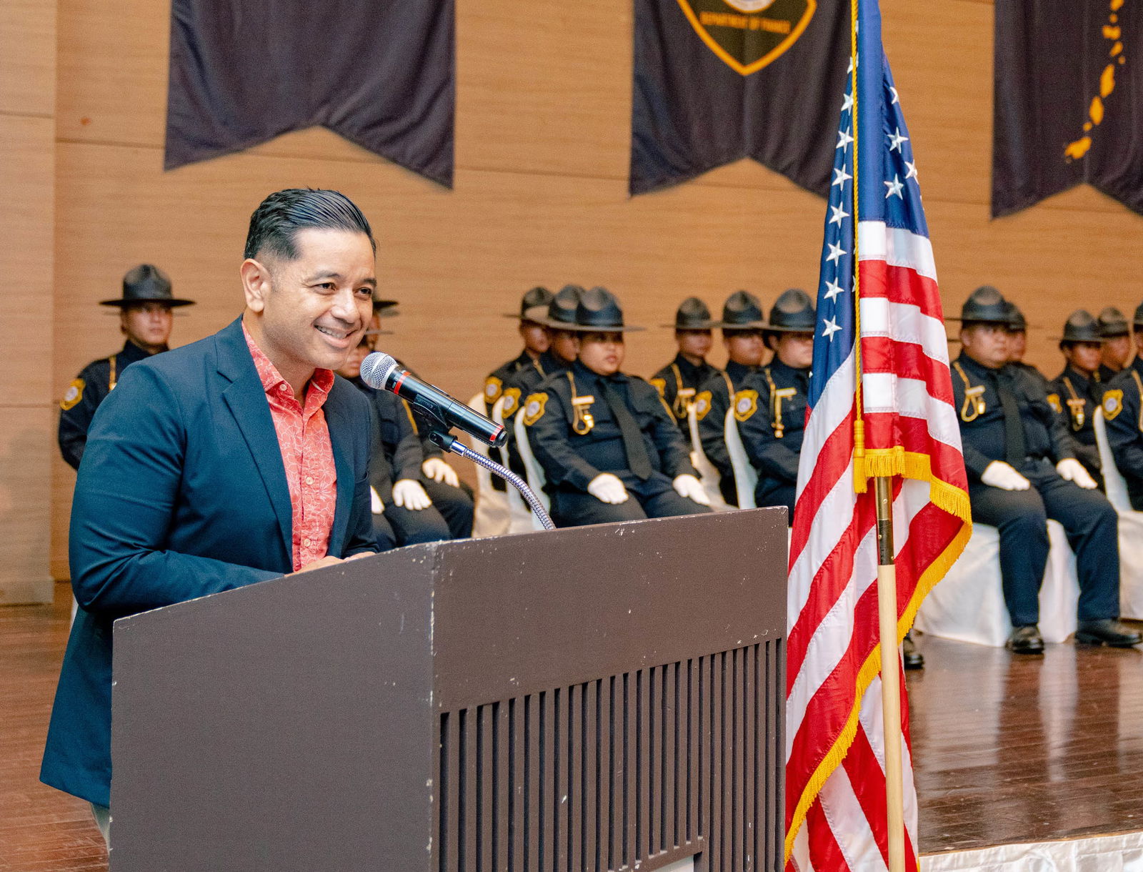 Frankie Eliptico, Northern Marianas College’s vice president for administration and advancement, speaks to the graduates of the Division of Customs and Biosecurity’s 9th Cycle Academy at Saipan World Resort on July 25, 2022.