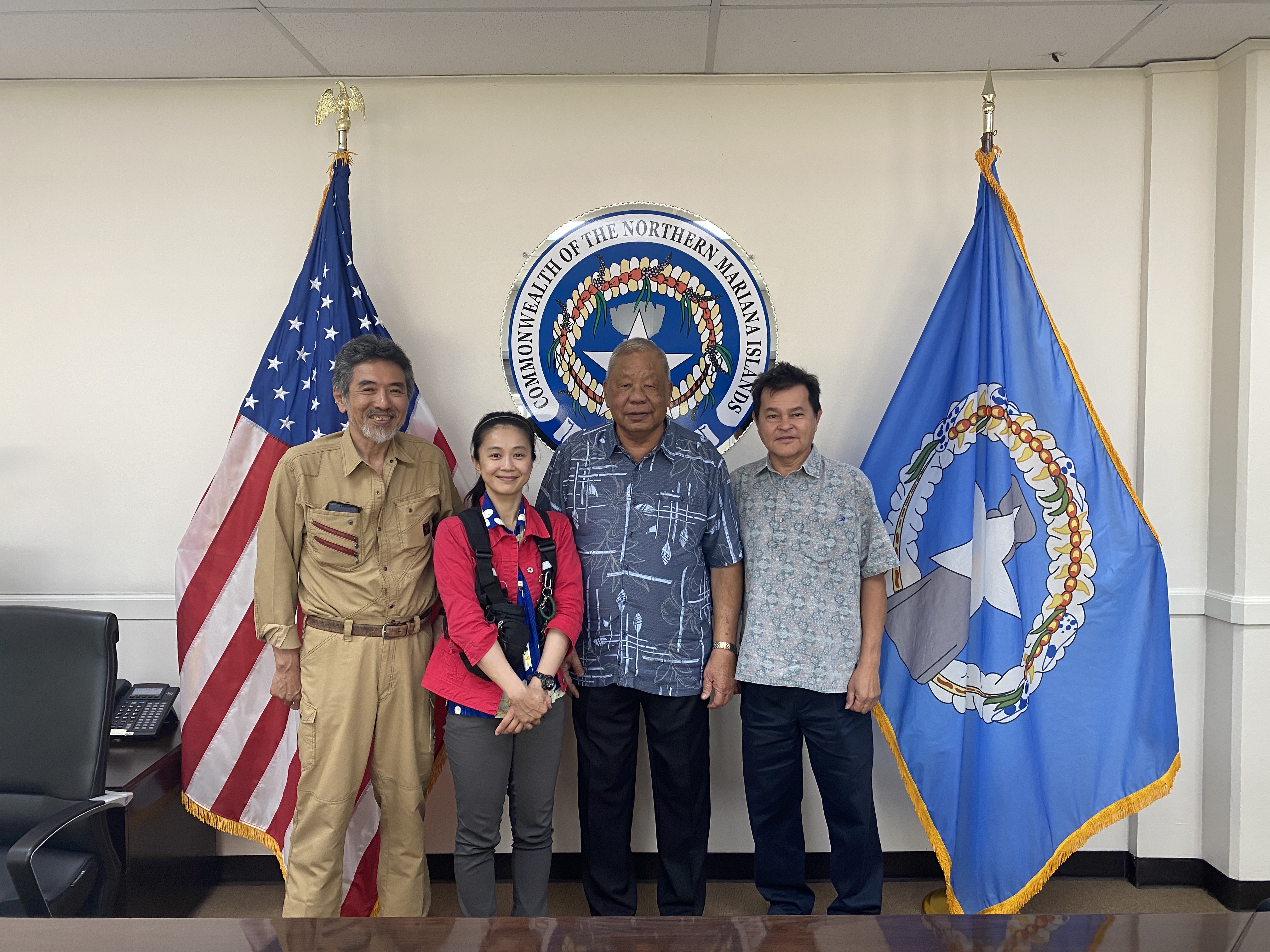 From left, Kuentai-USA Chair Usan Kurat, Secretary General Yukari Akatsuka, Lt. Gov. David Apatang, and his Chief of Staff Henry Hofschneider pose for a photo after a meeting regarding Kuentai-USA's efforts to resume excavations in Achugao and surrounding areas.