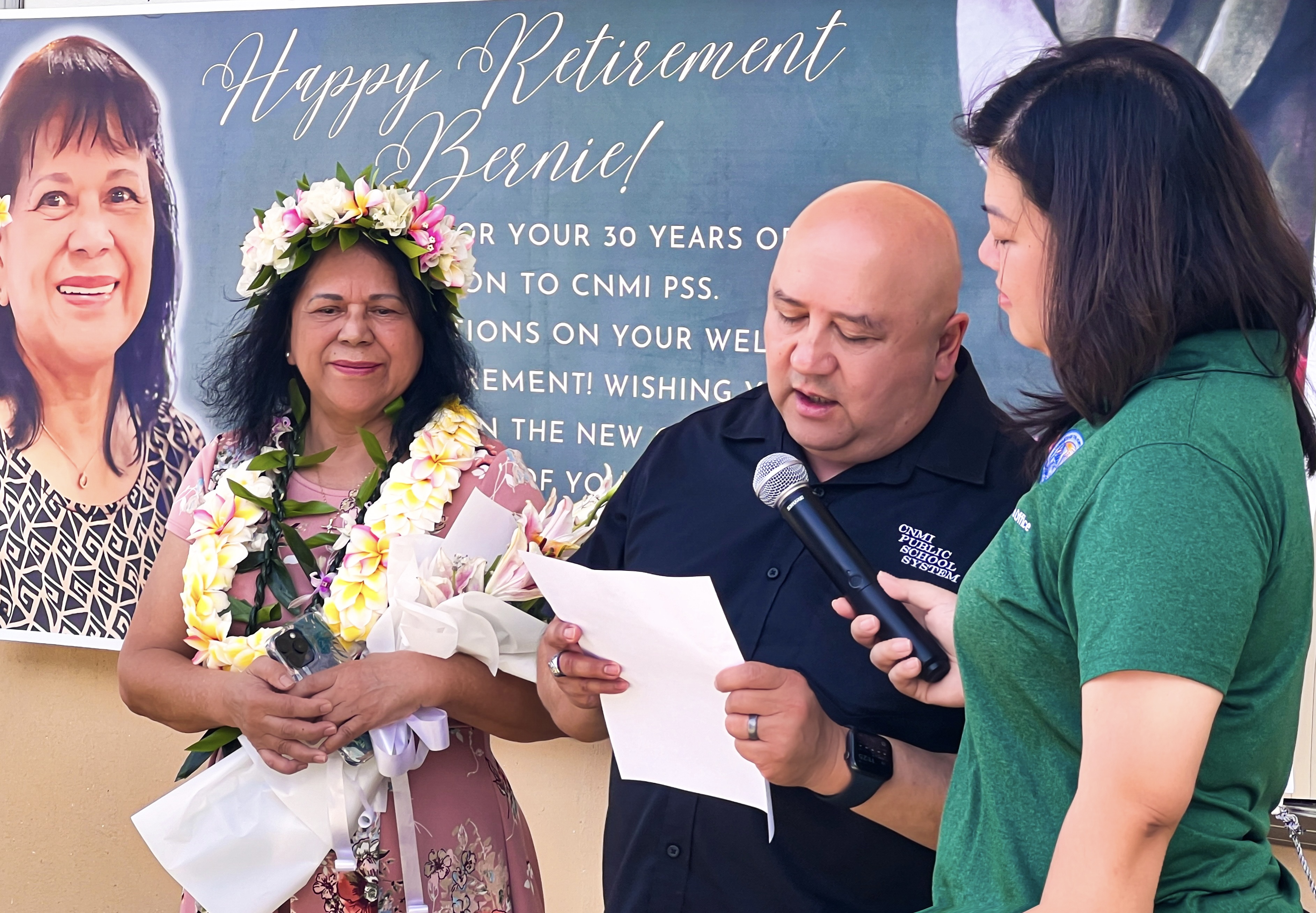 The Public School System Distinguished Service Recognition Award was presented to retiring PSS employee Bernardita “Bernie” Deleon Guerrero Calvo by Commissioner of Education Dr. Lawrence F. Camacho and PSS Federal Programs Officer Jacqueline Che at a ceremony on Thursday. Calvo worked for the PSS Federal Programs Office for 30 years, from June 1, 1994 to May 29, 2024. PSS commended her for her “high moral and ethical work standards,” as well as her “trustworthiness and reliability.” Happy retirement Bernie!