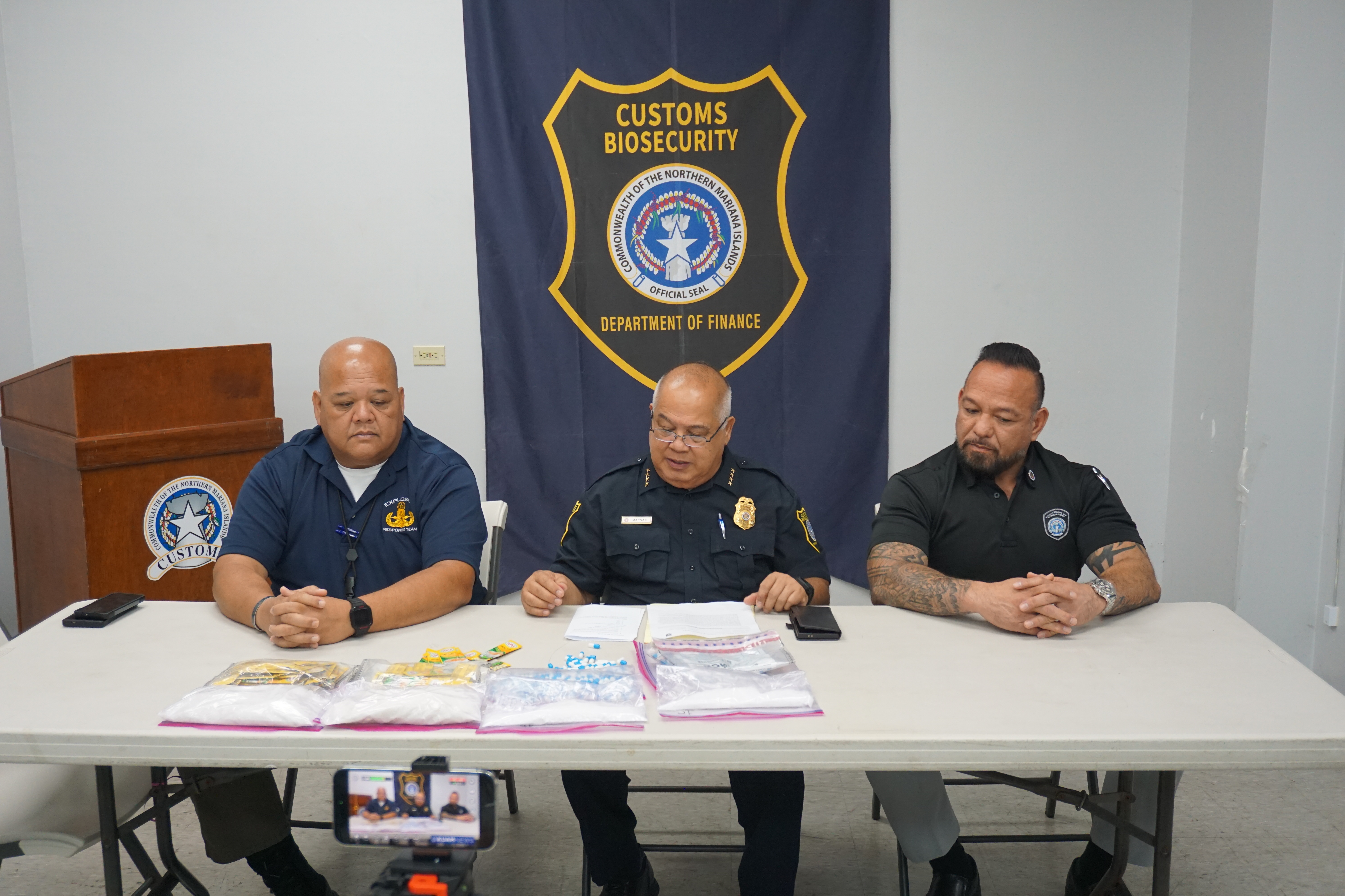 From left, Department of Public Safety Commissioner Anthony Macaranas, Division of Customs and Biosecurity Director Jose C. Mafnas, and Corrections Commissioner Anthony Torres.