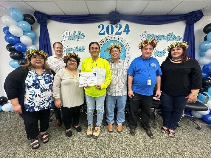 Julie Camacho, CUC Saipan’s sole female Water Operator, was honored the Commendation Award for going above and beyond for customers. Pictured with Camacho, from left to right, are Acting Executive Director Betty Terlaje, Legal Counsel Hunter Hunt, Board Chair Janice Ada Tenorio, Board Treasurer Rufo T. Mafnas, Deputy Executive Director Kevin Watson, MPA, and Board Member Rebecca C. White.