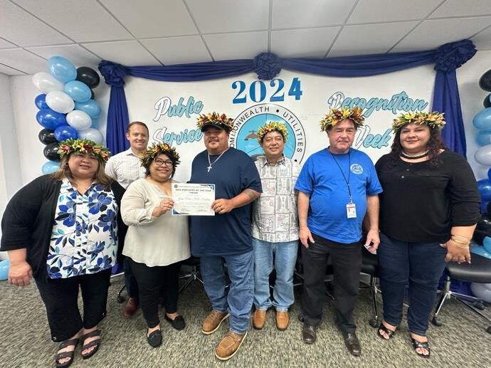 John Sablan was named the 2024 CUC Employee of the Year for Tinian.  Pictured with Sablan, from left to right, are Acting Executive Director  Betty  Terlaje,  Legal  Counsel Hunter Hunt,  Board  Chairperson Janice  Ada Tenorio, Board Treasurer Rufo T. Mafnas, Deputy Executive Director  Kevin  Watson,  MPA,  and Board Member Rebecca C. White.