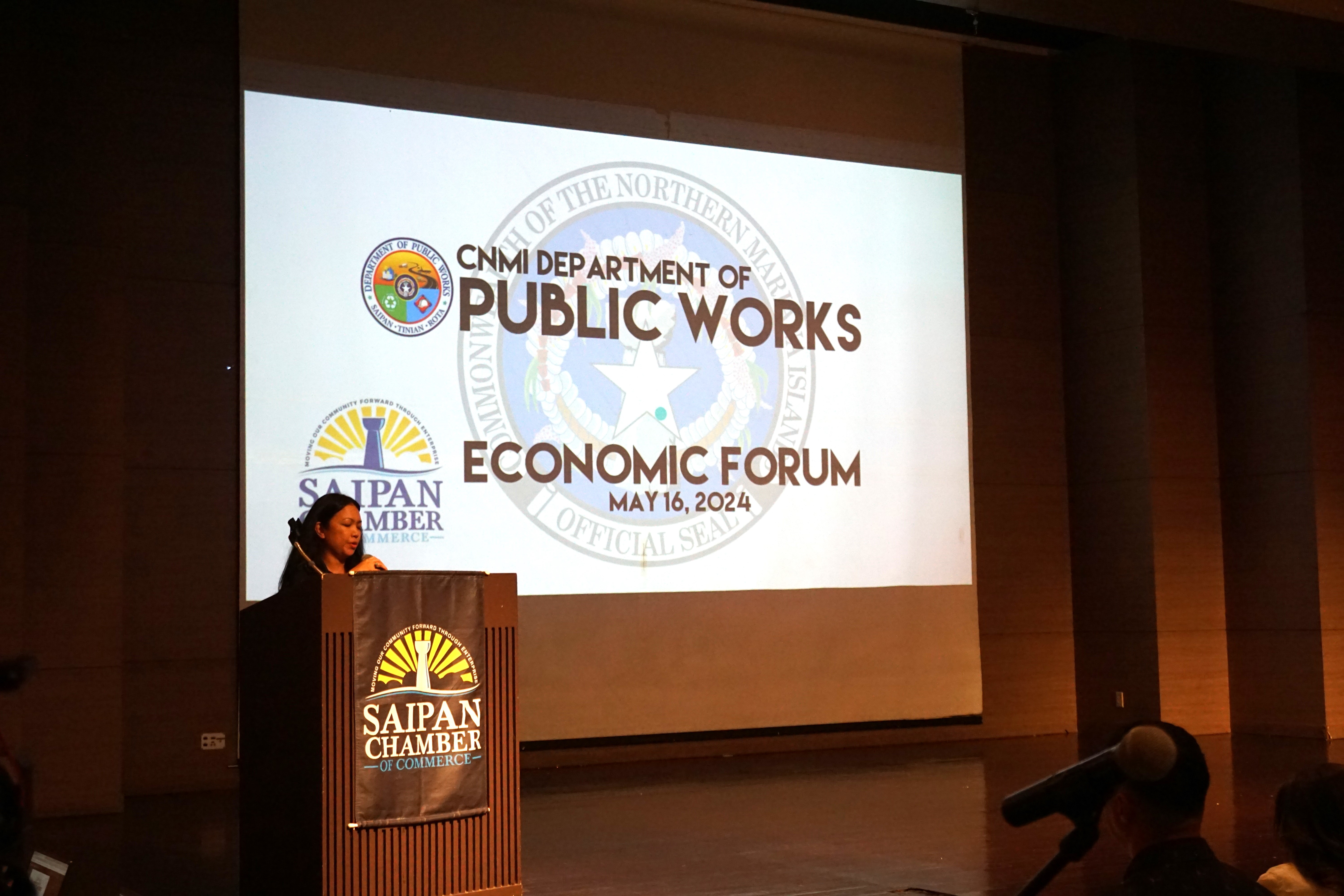 Chrystal Deleon Guerrero​, the Department of Public Works’ A&E facilities branch manager, talks about ongoing road projects during the Saipan Chamber of Commerce’s 2nd Economic Forum at the Saipan World Resort on Thursday, May 16.