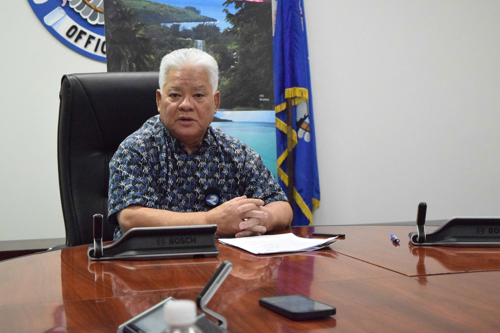 Gov. Arnold I. Palacios speaks to reporters during a press briefing in his conference room on Capital Hill, Tuesday.