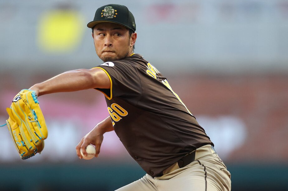 San Diego Padres starting pitcher Yu Darvish (11) throws against the Atlanta Braves in the first inning at Truist Park in Atlanta, Georgia, May 19, 2024.