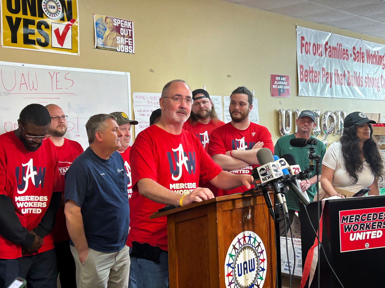 UAW President Shawn Fain speaks after workers at a Mercedes plant in Alabama rejected joining the United Auto Workers union outside Vance, Alabama, May 17, 2024.