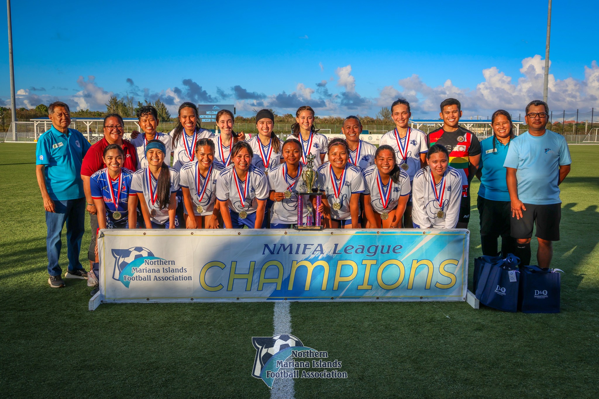 Shirley's Football Club members pose for a photo after winning the Tinekcha-Awaal division title of the Dove Women's League Spring 2024 at the NMI Soccer Training Center in Koblerville on Sunday.