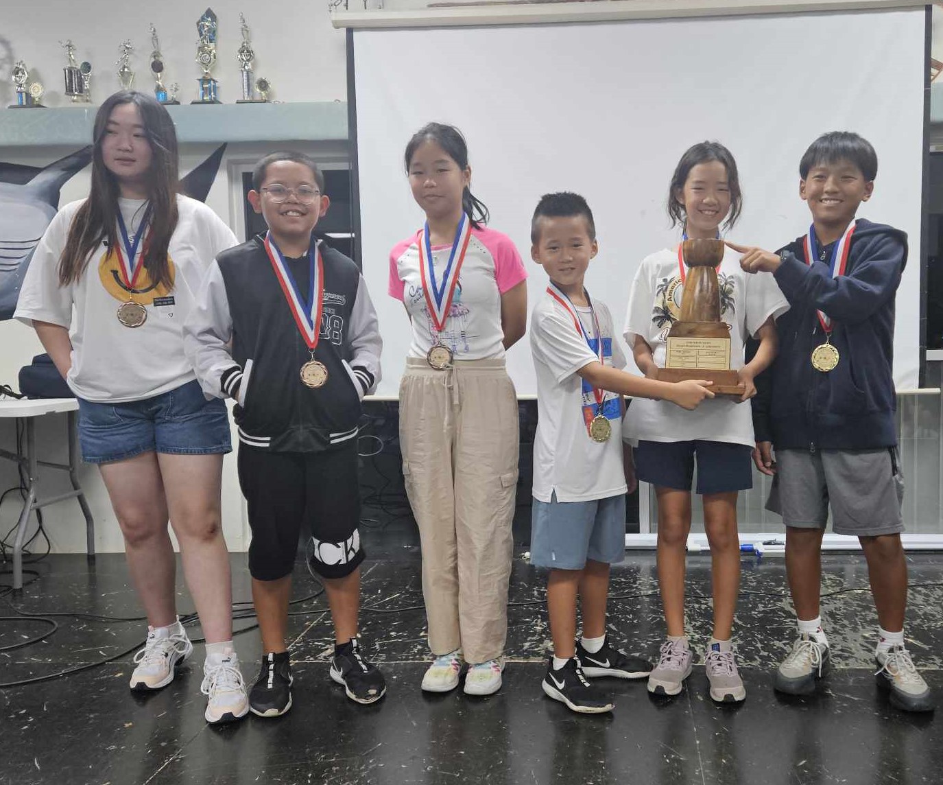 Photo shows GCA students and MathCourt competitors Caleb Shin - 1st place team, 1st place 3rd grade division; Cody Park - 1st place team; Chloe Shin -1st place team, member of the team that will represent the CNMI in Texas this summer in the MathLeague competition, 3rd place in 6th grade division; En Mei Huang, 3rd place team; Jenny Liang, 3rd place team; and John Sanchez, 3rd place team.
