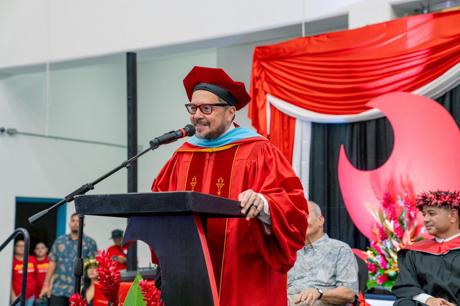 Northern Marianas College President Galvin S. Deleon Guerrero, Ed.D. delivers his remarks during NMC’s 43rd Commencement Exercises at the MHS gym on Friday, May 17, 2024.