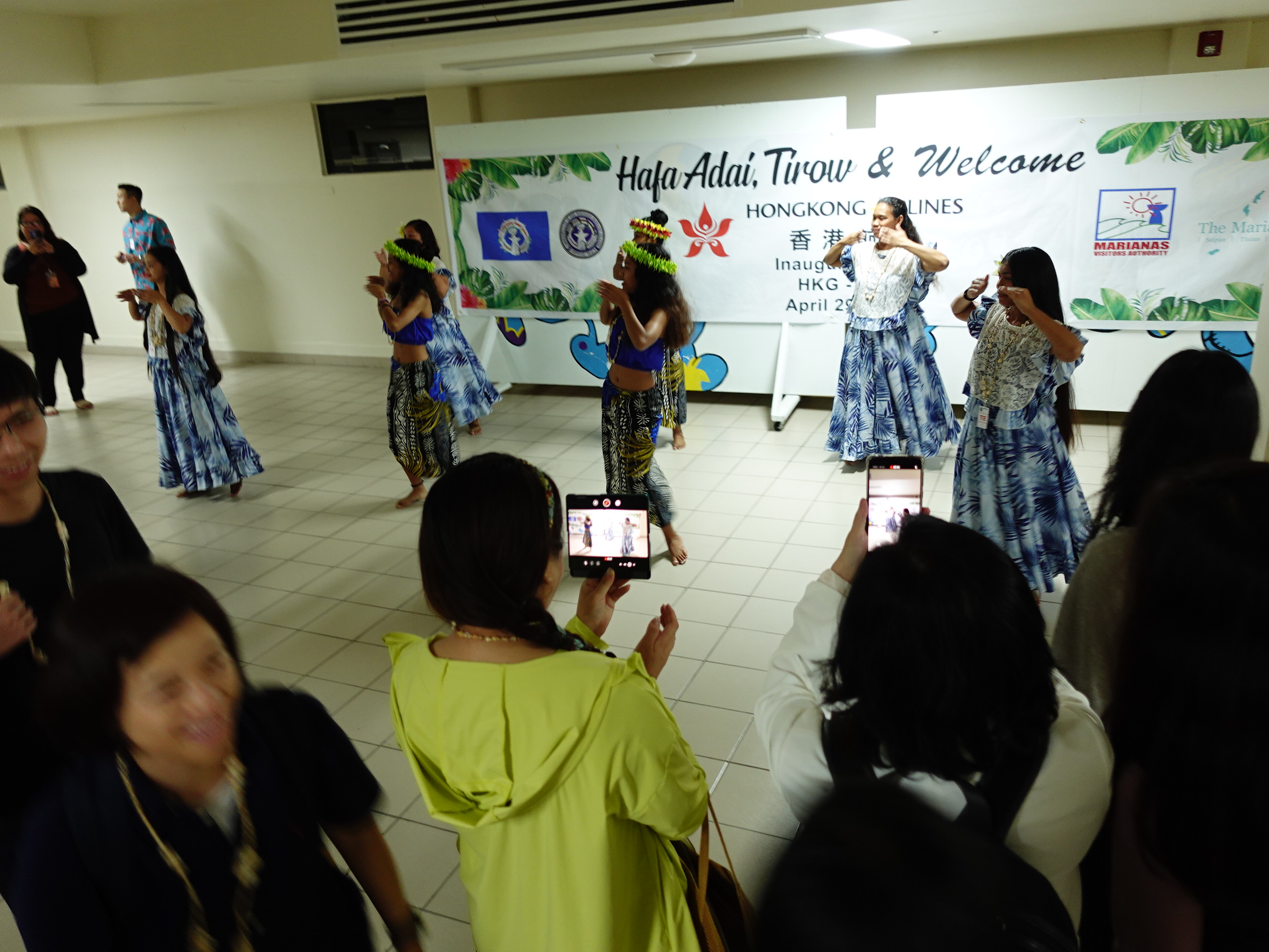 Dancers of Petlas Marianas Micronesia and Simiyan Marianas welcome passengers of Hong Kong Airlines upon arrival their at Francisco C. Ada/Saipan International Airport in Saipan on April 29, 2024.
