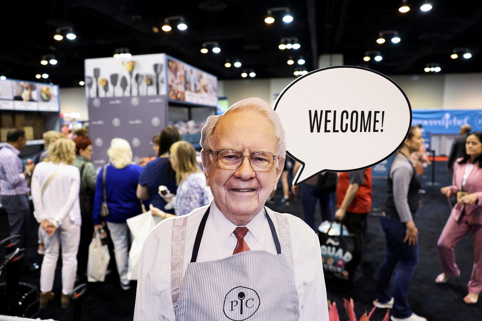 A cutout picture of Berkshire Hathaway Chairman Warren Buffett welcomes shareholders to shop at the Pampered Chef booth at the Berkshire Hathaway Inc. annual shareholders' meeting in Omaha, Nebraska, May 3, 2024.