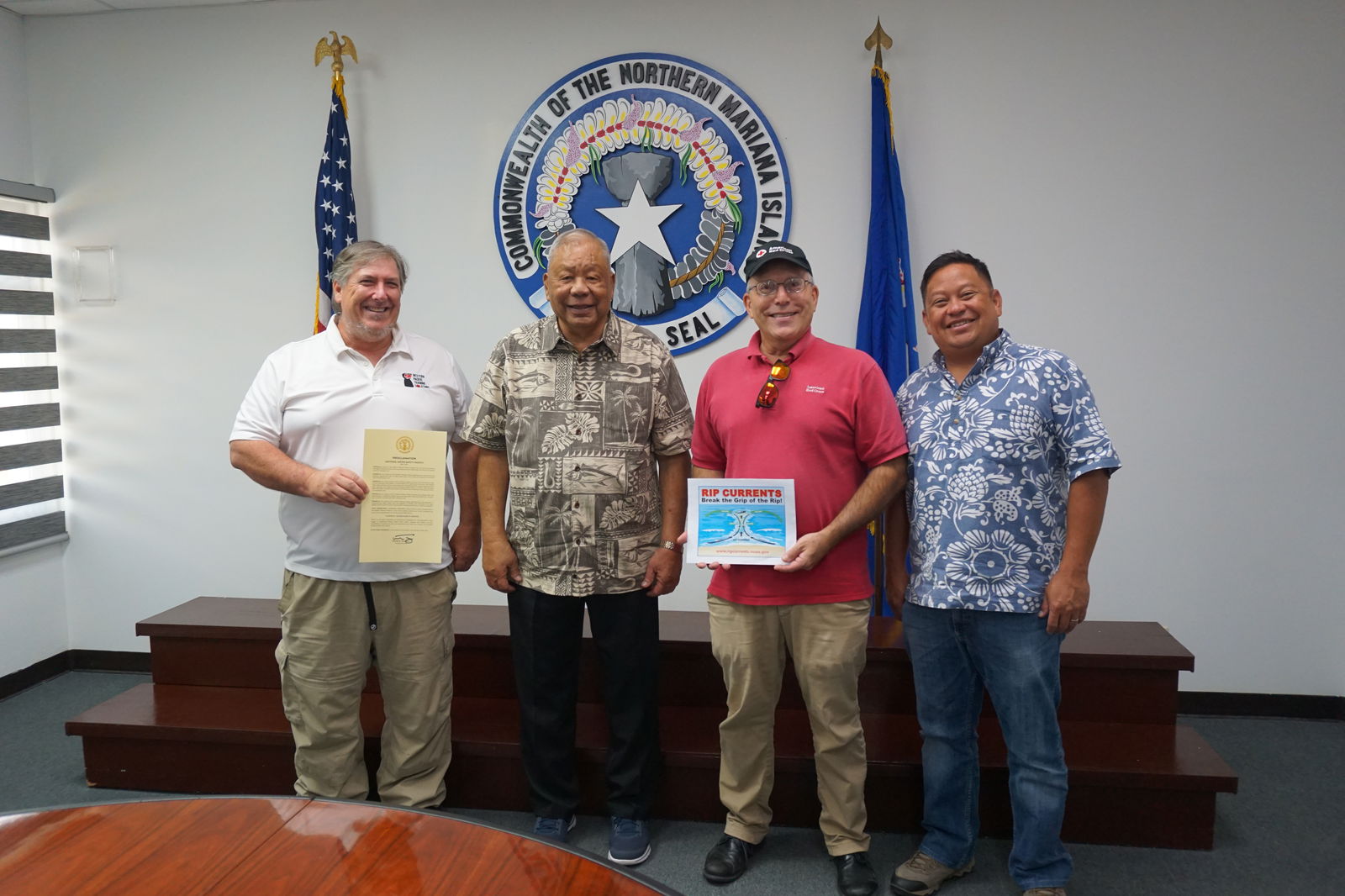 Lt. Gov. David M. Apatang, 2nd left, with Glenn Policare of Western Pacific Training Solutions, far left, and John Hirsh, executive director of the NMI chapter of the American Red Cross, 3rd left.