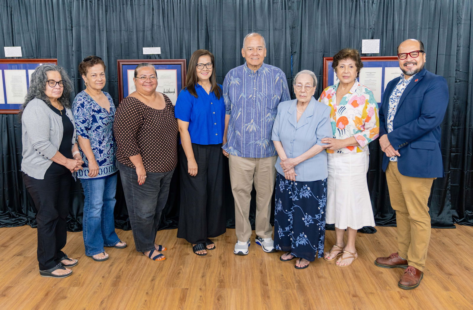 From left, Jessica Sablan Deleon Guerrero, Florence C. Sablan, Bernadette C. Sablan, Andrea Sablan, U.S. Congressman Gregorio Kilili Camacho Sablan, Victorina Camacho Sablan, Frances Patricia Arriola, and Northern Marianas College President Galvin Deleon Guerrero, EdD.