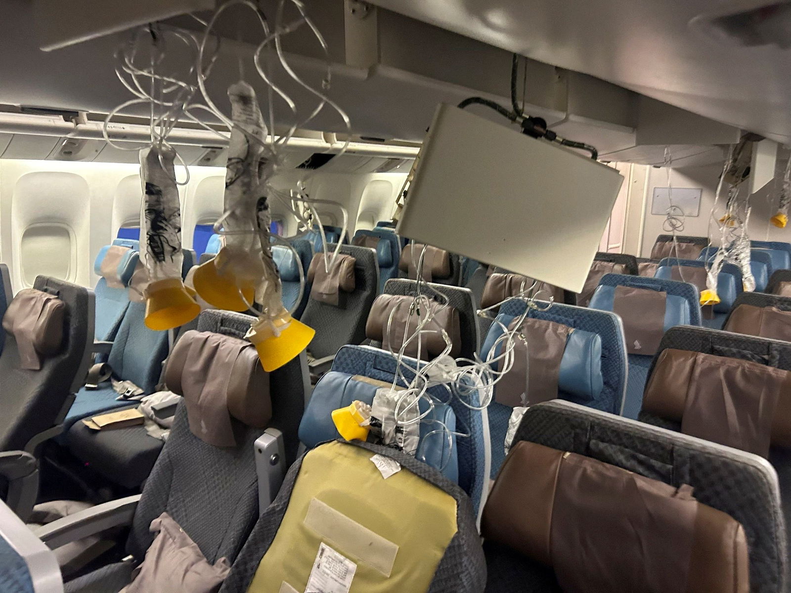 The interior of Singapore Airline flight SG321 is pictured after an emergency landing at Bangkok's Suvarnabhumi International Airport, Thailand, May 21, 2024.