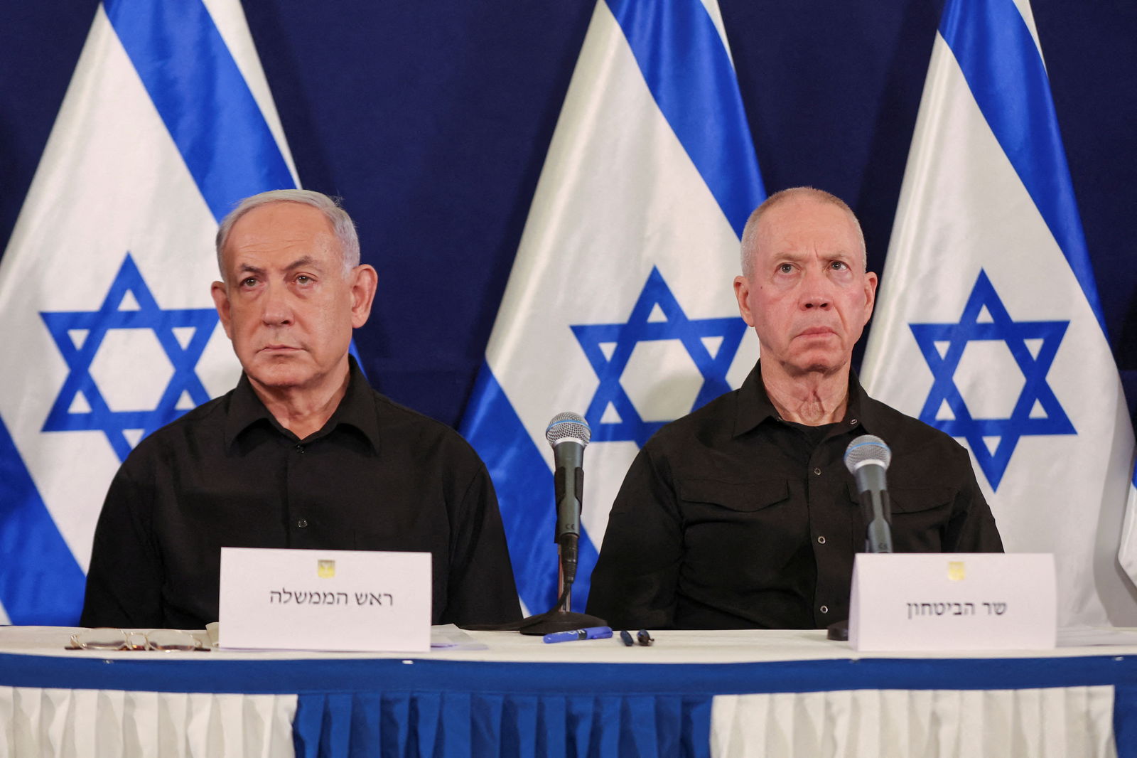 Israeli Prime Minister Benjamin Netanyahu and Defense Minister Yoav Gallant during a press conference in the Kirya military base in Tel Aviv, Israel on Oct. 28, 2023.