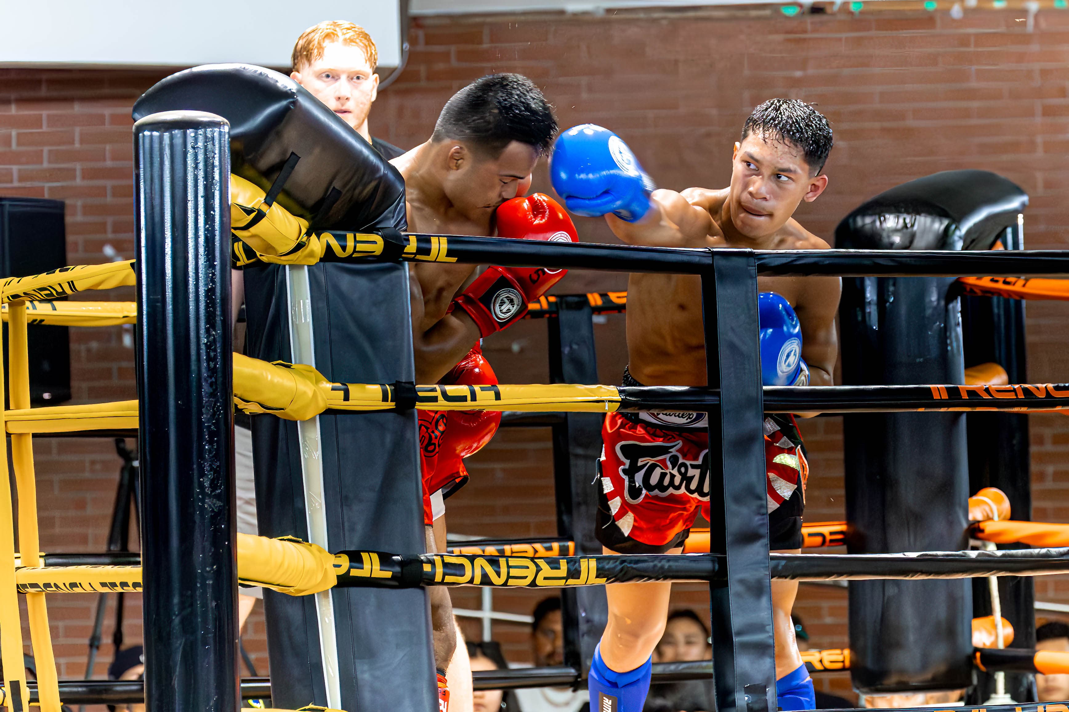 Ethan Affleje throws a straight jab against Andres Camacho in the super fight of the Ring of Fire 2 at Garapan Central Park on Saturday.
