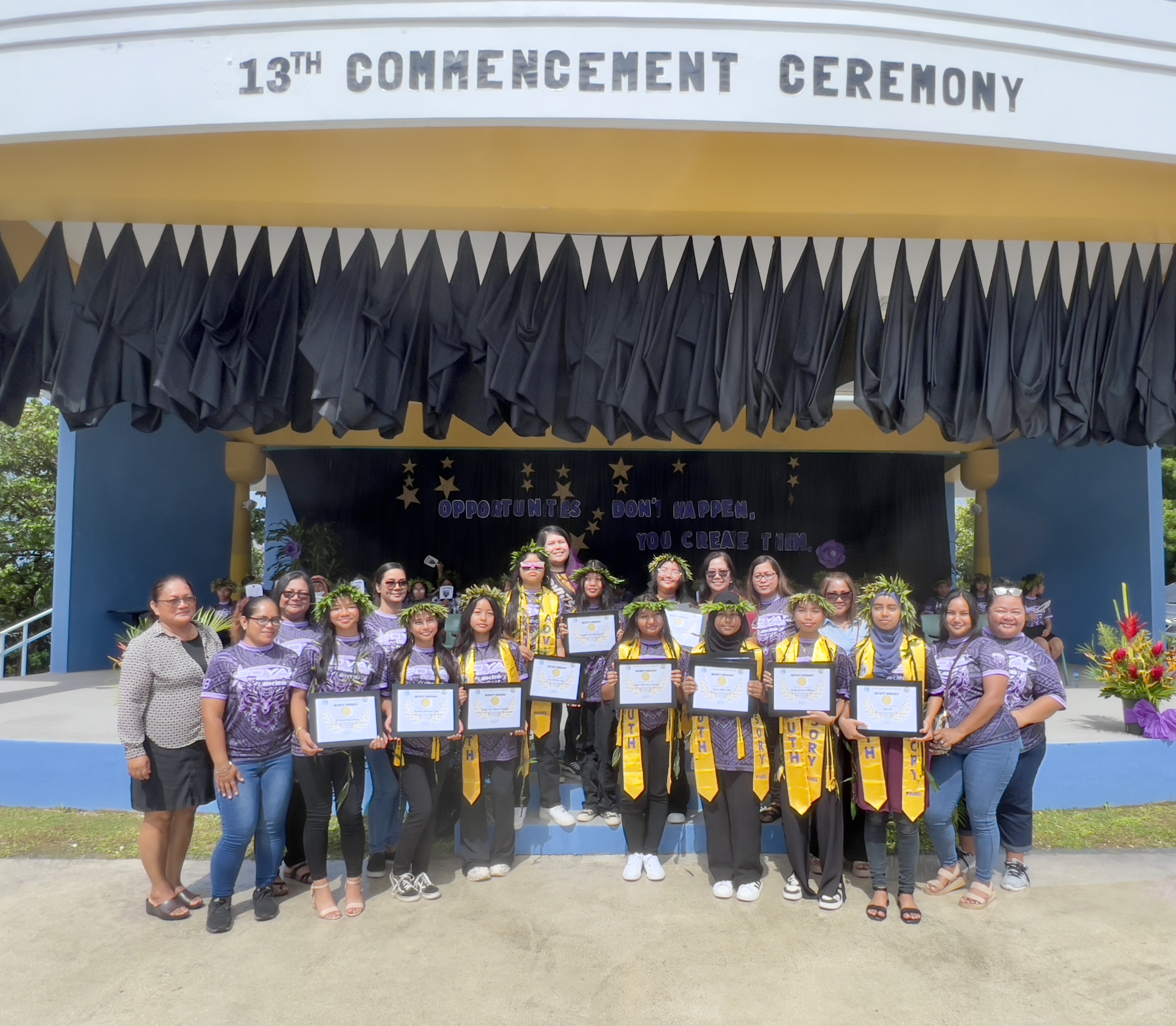 The subject merit awardees are:  valedictorian Sidur for English, mathematics, social studies, Chamorro Language and Heritage Studies, computer studies, and leadership corps; class salutatorian Vilaspir for English, leadership corps, and career and fine arts; Nitu Ali for English, Science, Chamorro, and leadership corps; Haani Joy Barcinas for Chamorro and Physical Education; Sophia Barcinas for computer studies; Raiahli Barcinas for computer studies; Iha Farah Muna Hocog for computer studies; J’ana Edat Ogo Hocog for computer studies; Hannah Isabel Reyes Salas for computer studies; and Hailey Sage Chuman Manglona for physical education. The merit awards were presented by Principal Annette Calvo, left, and RHI’s middle school teachers.