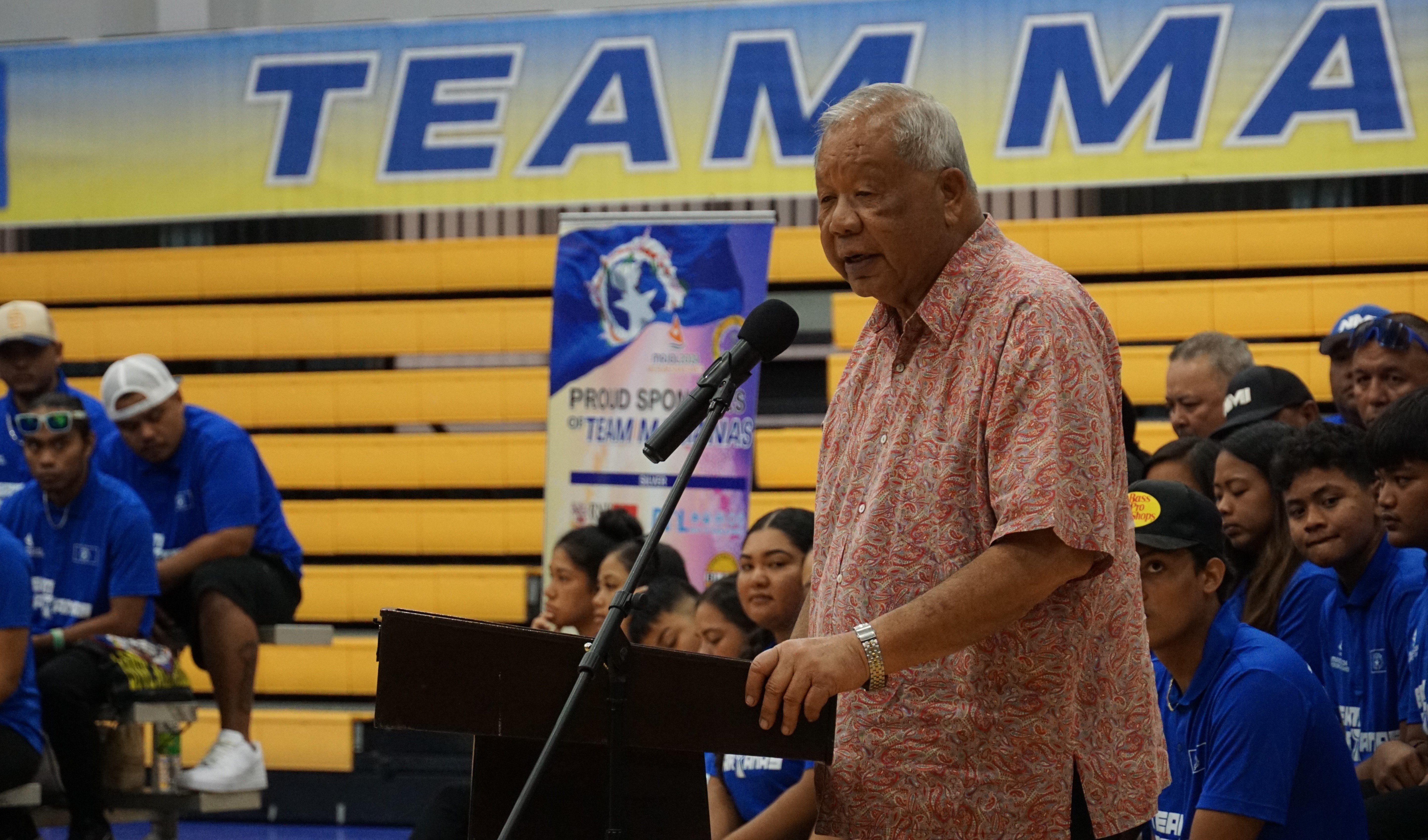 Lt. Gov. David M. Apatang delivers his remarks during the send-off ceremony for Team Marianas at the Ada gym on Monday. 