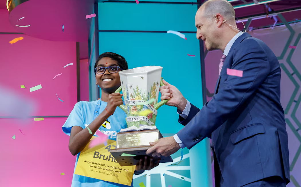 Bruhat Soma from Florida wins the Scripps National Spelling Bee over Faizan Zaki, from Texas, in National Harbor, Maryland, May 30, 2024.