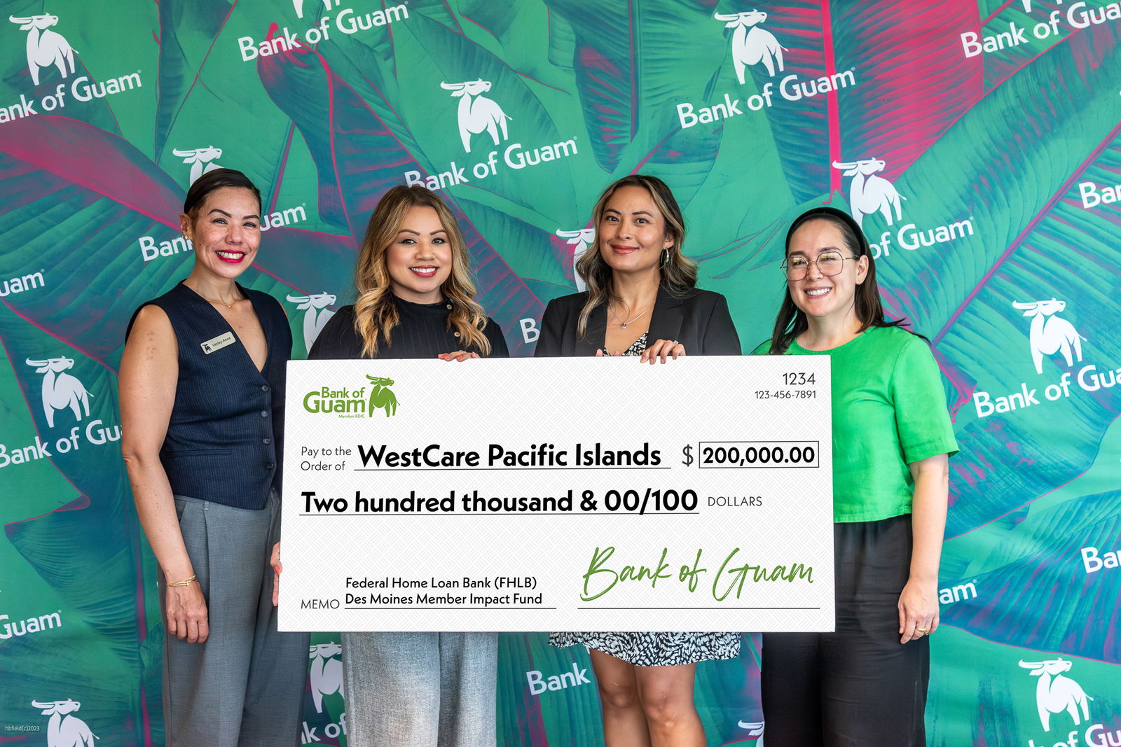 Bank of Guam is honored to partner with Federal Home Loan Bank of Des Moines in presenting a Member Impact Fund grant to WestCare Pacific Islands. This grant will assist individuals in obtaining and maintaining permanent housing along with support their homeless support services programs including Supportive Services for Veterans Families, Path To Freedom and Håtsa. Pictured, from left, Lesley-Anne Leon Guerrero, senior vice president, chief experience officer, Bank of Guam; Beverlyn Coleman, vice  president  of  operations,  WestCare  Pacific  Islands;  Aja Ramos, chief operating officer, WestCare Pacific Islands; and Maria Eugenia H. Leon Guerrero, executive vice president and chief operating officer, Bank of Guam.