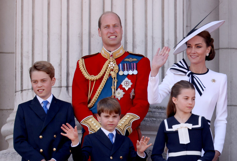 Britain's William, Prince of Wales, Catherine, Princess of Wales, Prince George, Princess Charlotte, Prince Louis appear on the balcony of Buckingham Palace as part of the Trooping the Color parade to honor Britain's King Charles on his official birthday in London, Britain, June 15, 2024.