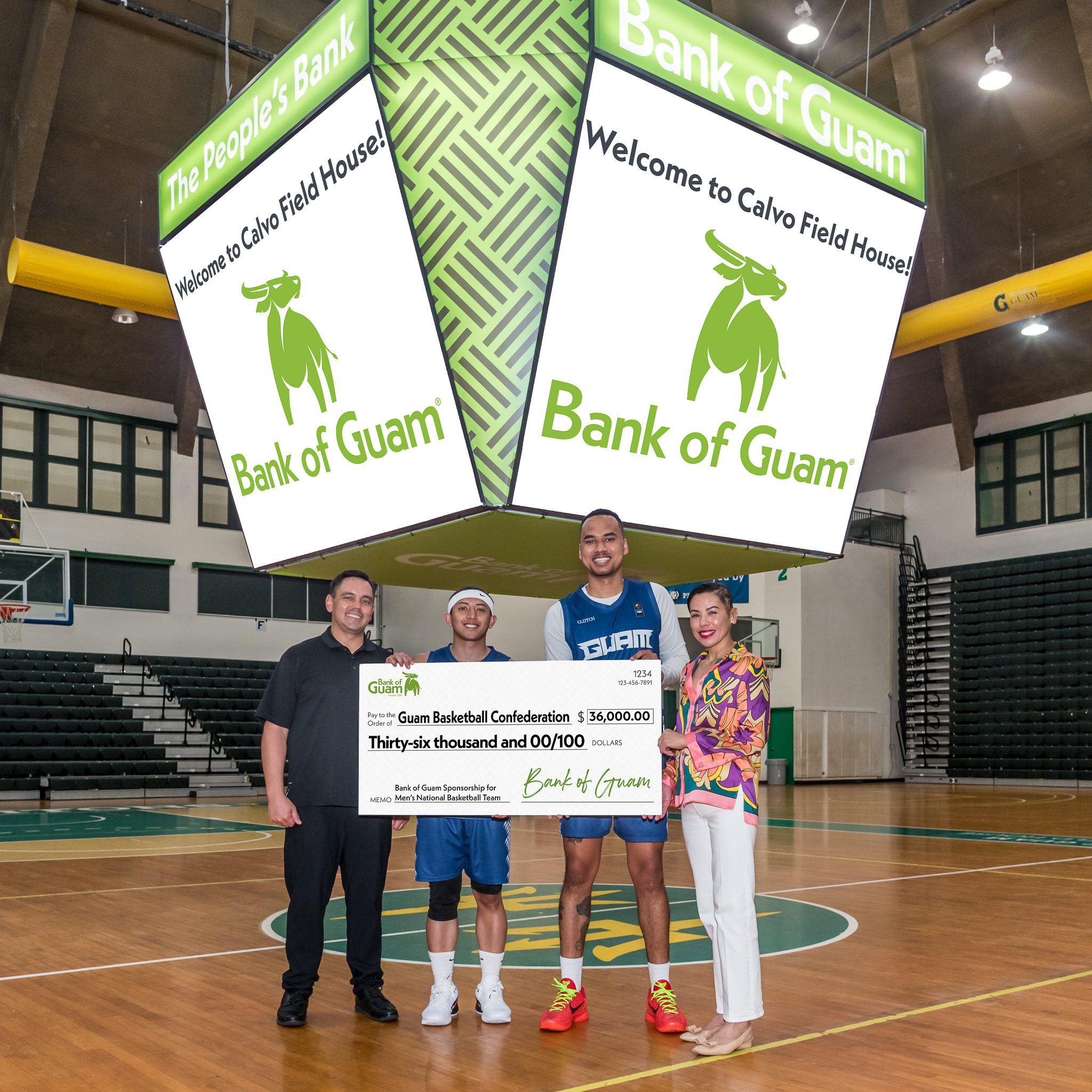 From left, Joaquin P.L.G. Cook, president and chief executive officer, Bank of Guam; Aljurrell Grape, player, Bank of Guam Men’s National Basketball Team; Mark Johnson, player, Bank of Guam Men’s National Basketball Team; and Lesley Leon Guerrero, senior vice president, chief experience officer, Bank of Guam.