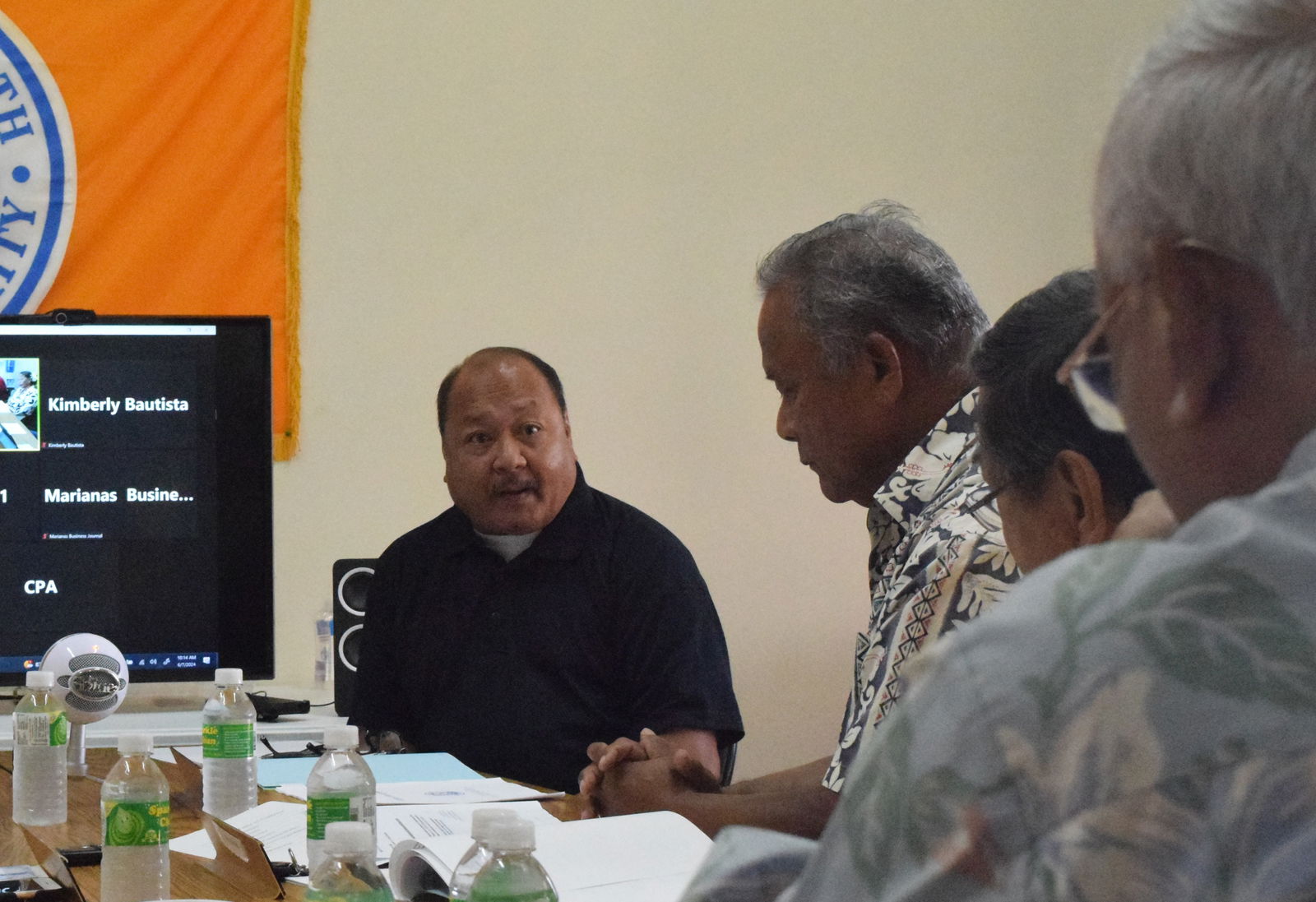 Commonwealth Ports Authority board member Steve Mesngon speaks as board members Ramon Tebuteb, Joseph Diaz and chair Jose C. Ayuyu listen.