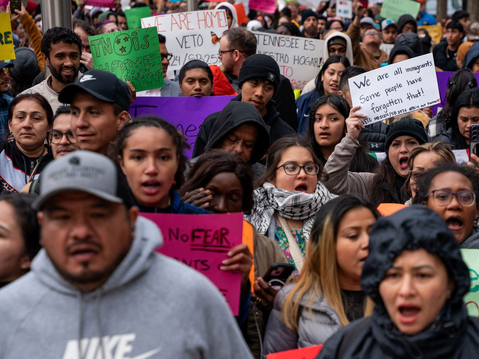 Protesters rally at Legislative Plaza near the Tennessee State Capitol building in Nashville, Tennessee, April 4, 2024. 