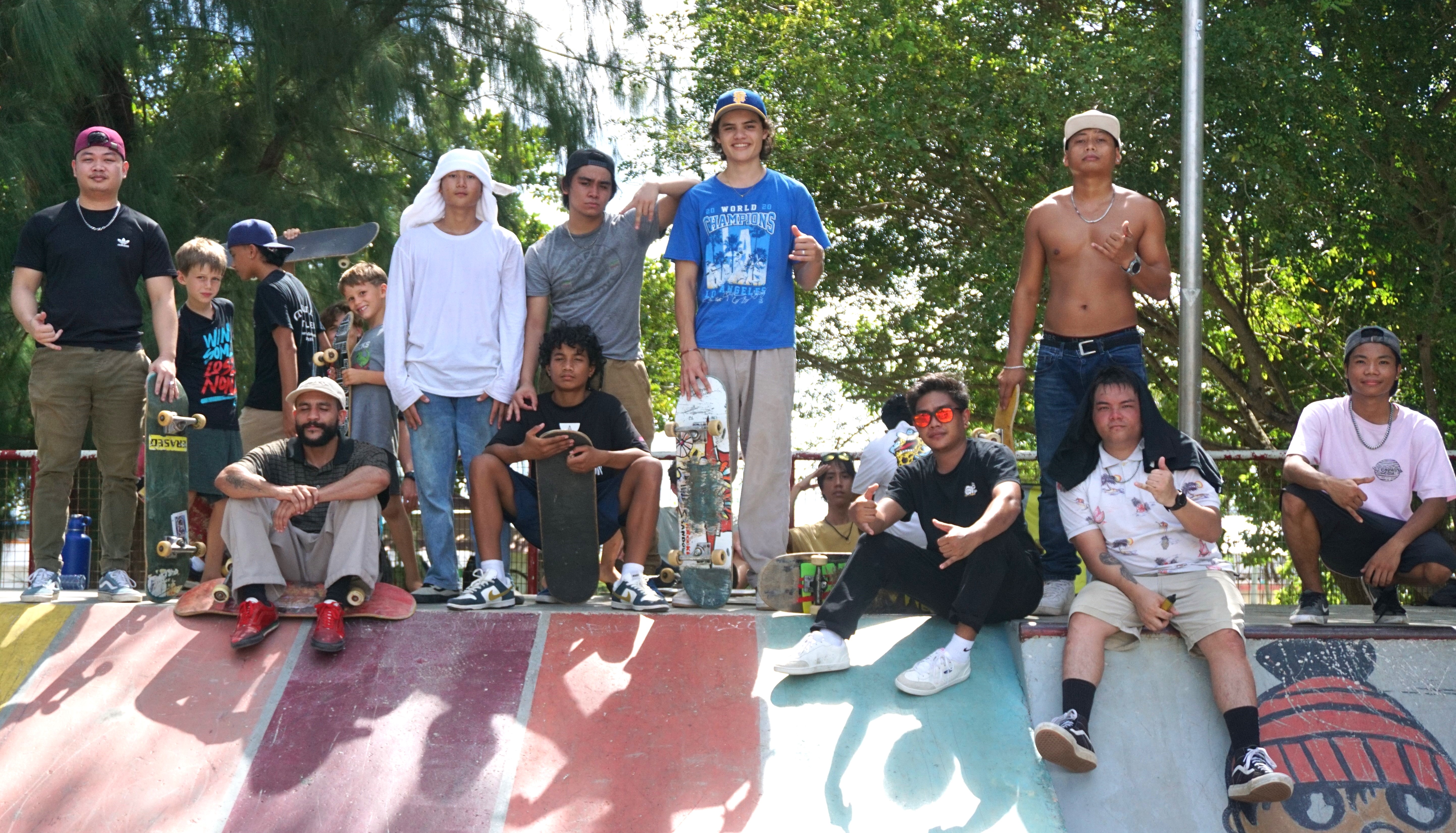 Skaters pose for a photo after the conclusion of the inaugural Marianas Skate Series at Garapan Skate Park in June 2023.