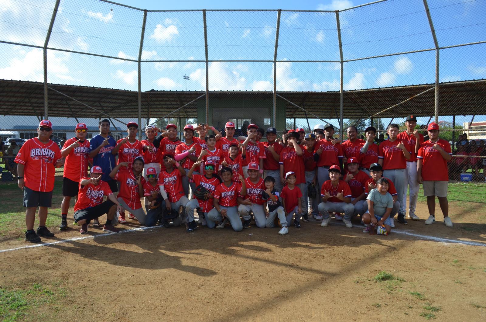 The Braves Jr. pose for a photo after winning the junior division championship of the 2024 NSA Youth Baseball League at the Miguel "Tan Ge" Pangelinan Baseball Field on Sunday.