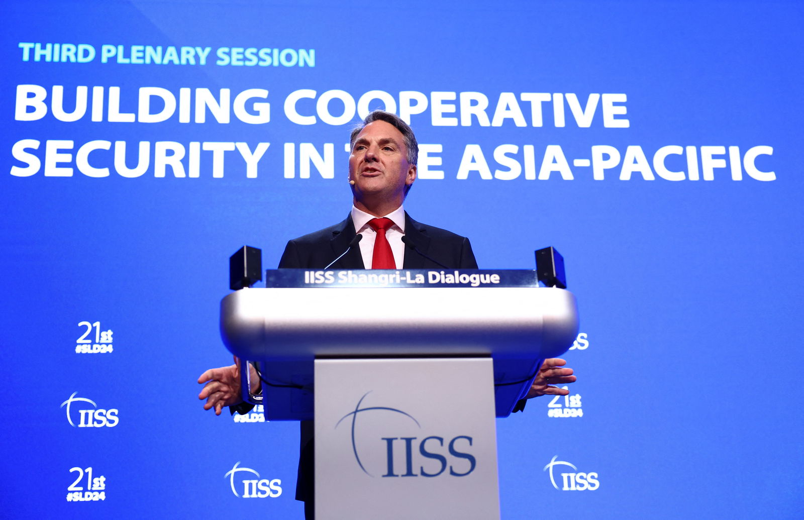 Australian Deputy Prime Minister and Defense Minister Richard Marles speaks at the Shangri-La Dialogue in Singapore, June 1, 2024.