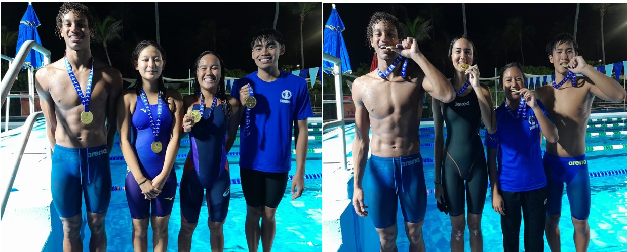 Gold medalists in relay, from left (200yd mixed freestyle), Isaiah Aleksenko, Maria Guerrero, Shoko Litulumar, Kean Pajarillaga; (400m mixed medley relay), Aleksenko, Frances Raho, Maria Batallones and Kouki Watanabe.