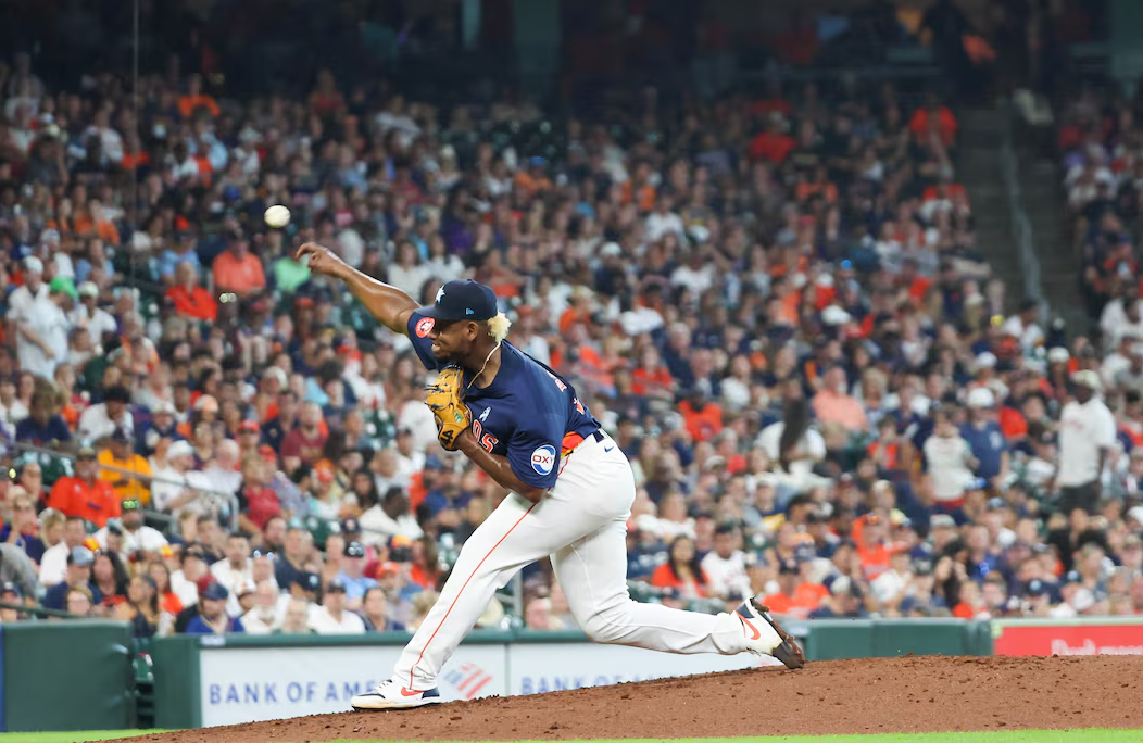 Houston Astros starting pitcher Ronel Blanco (56) pitches against the Detroit Tigers in the fifth inning at Minute Maid Park in Houston, Texas, June 16, 2024.