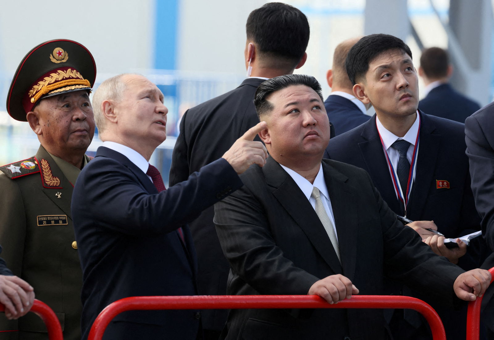 Russia's President Vladimir Putin and North Korea's leader Kim Jong Un visit the Vostochny Сosmodrome in the far eastern Amur region, Russia, Sept. 13, 2023. 