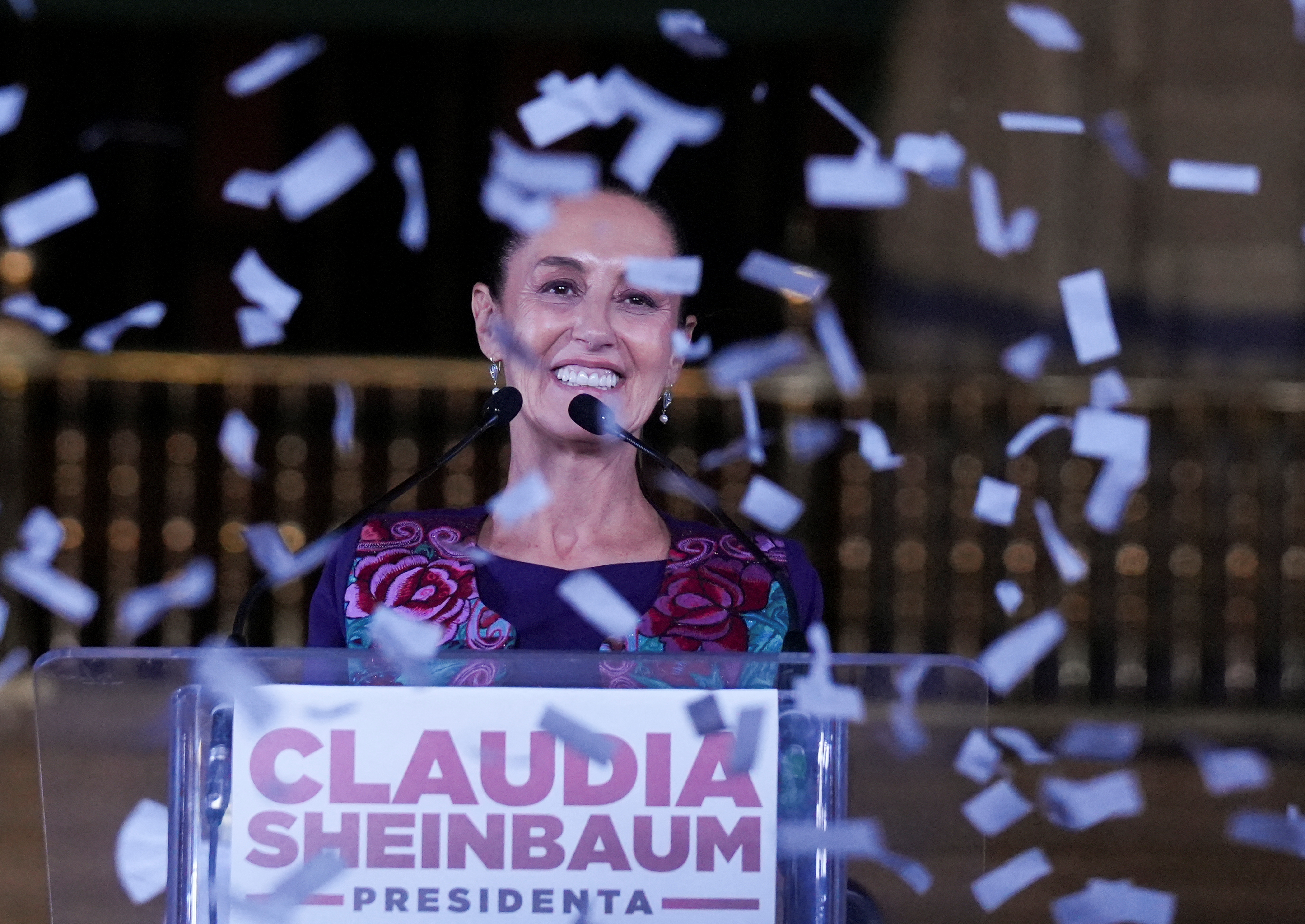 Presidential candidate of the ruling Morena party Claudia Sheinbaum reacts while addressing her supporters after winning the presidential election at Zocalo Square in Mexico City, Mexico, June 3, 2024.