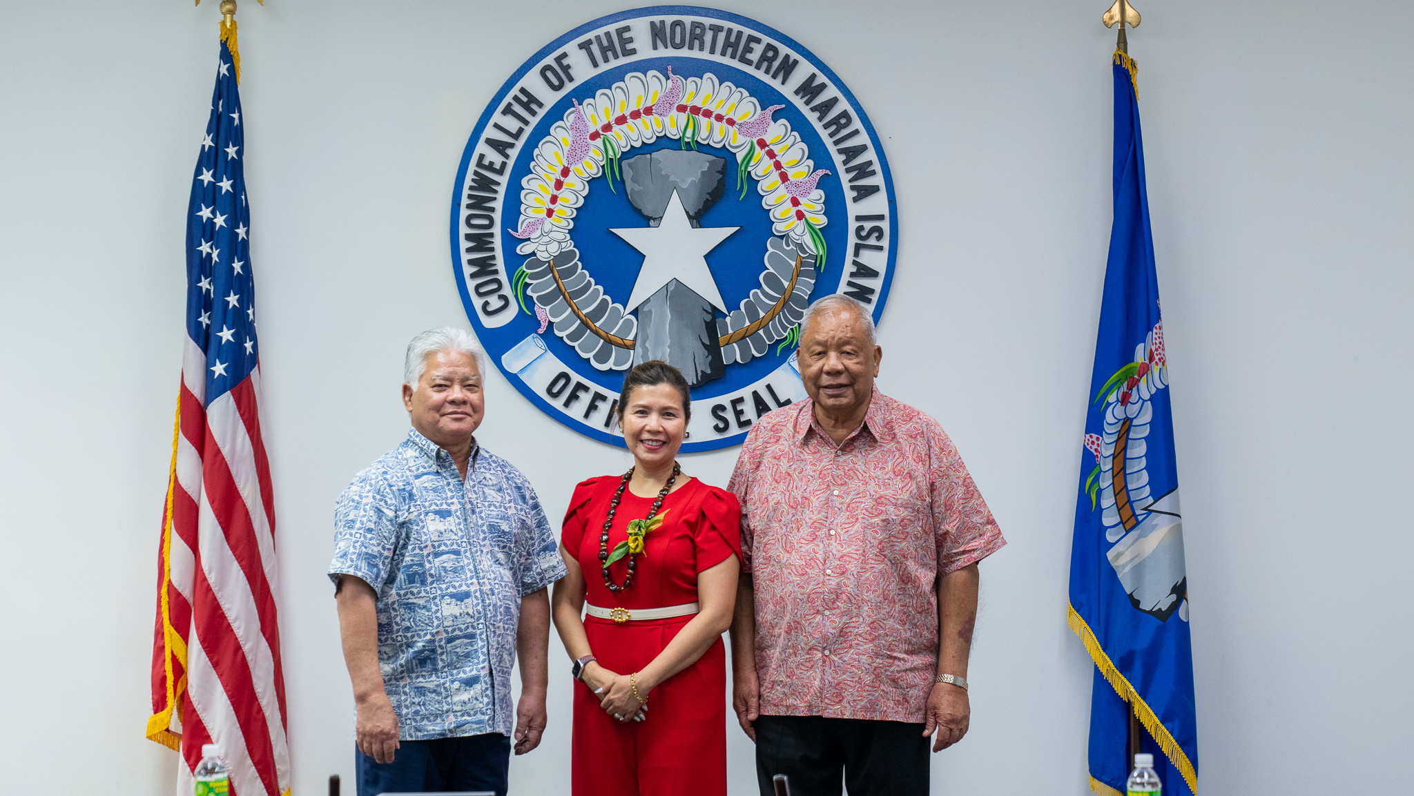New Zoning Board member Eleanor Alinas, center, with Gov. Arnold I. Palacios, left, and Lt. Gov. David M. Apatang after she was sworn in at the administration building on Friday.