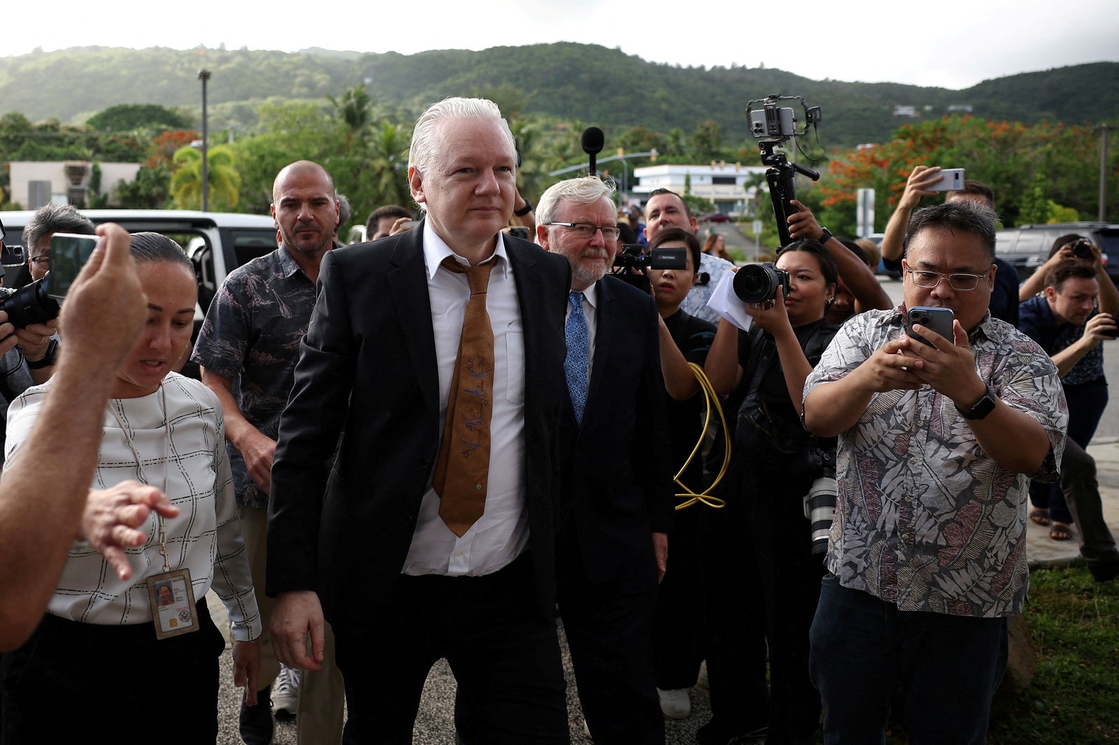 WikiLeaks founder Julian Assange arrives at a United States District Court in Saipan, Northern Mariana Islands, June 26, 2024.