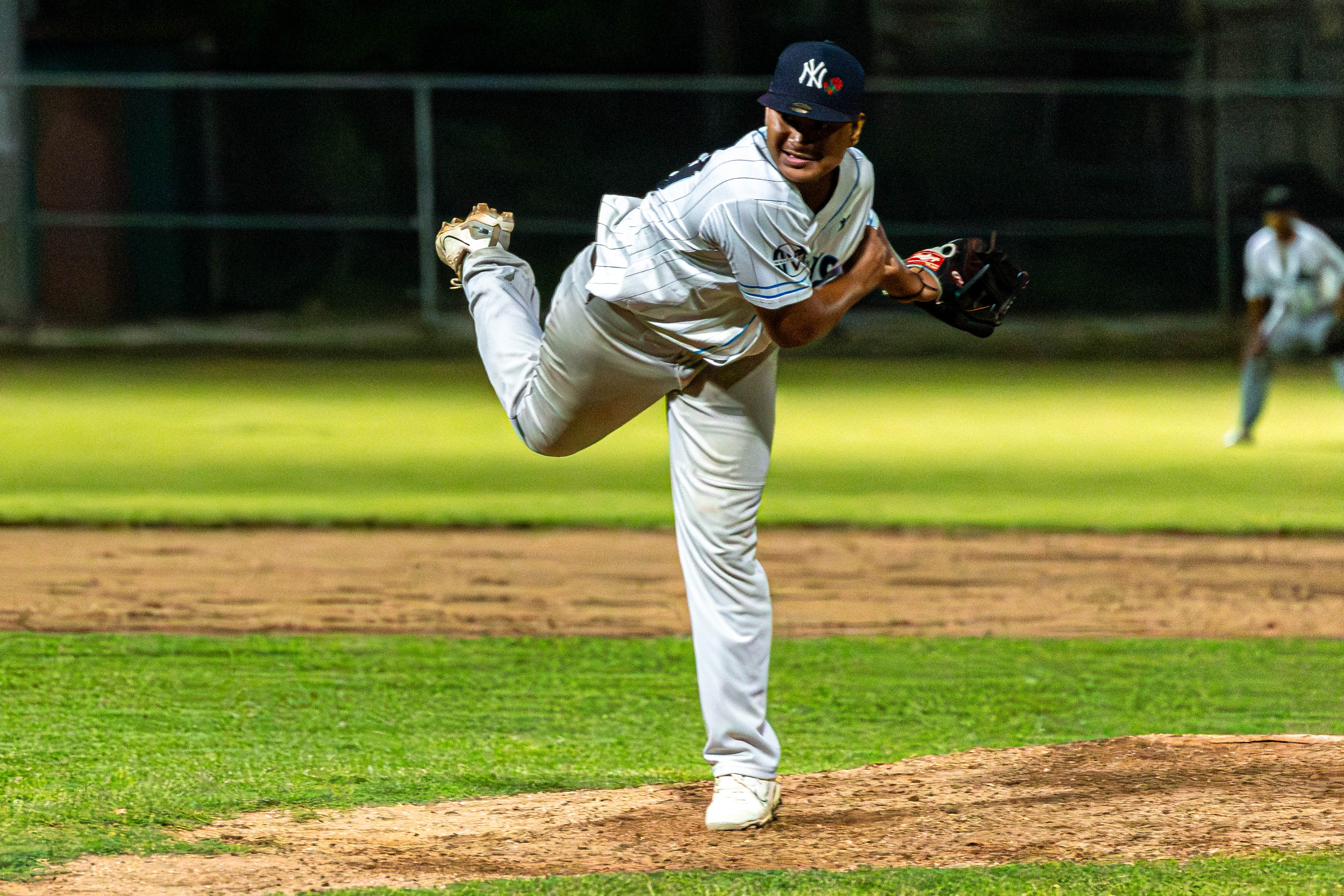 The Falcons' Jonathan Norita pitches against the Blue Shark in a game of the 2024 Tan Holdings Saipan Baseball League at the Francisco "Tan Ko" Palacios Baseball Field.