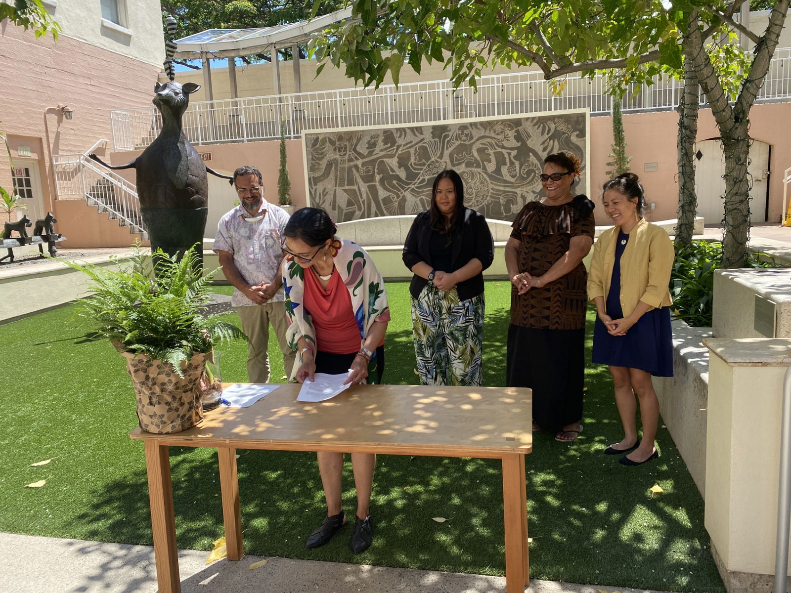 From left, Northern Marianas Humanities Council Executive Director Leo Pangelinan, National Endowment for the Humanities Chair Shelly Lowe, Humanities Guahan Executive Director CJ Ochoco, Amerika Samoa Humanities Council Executive Director Niualama Taifane, and Hawai'i Council for the Humanities Executive Director Aiko Yamashiro in Honolulu, Hawaii where they signed an MOU for the newly formed Pacific Islander Humanities Councils.