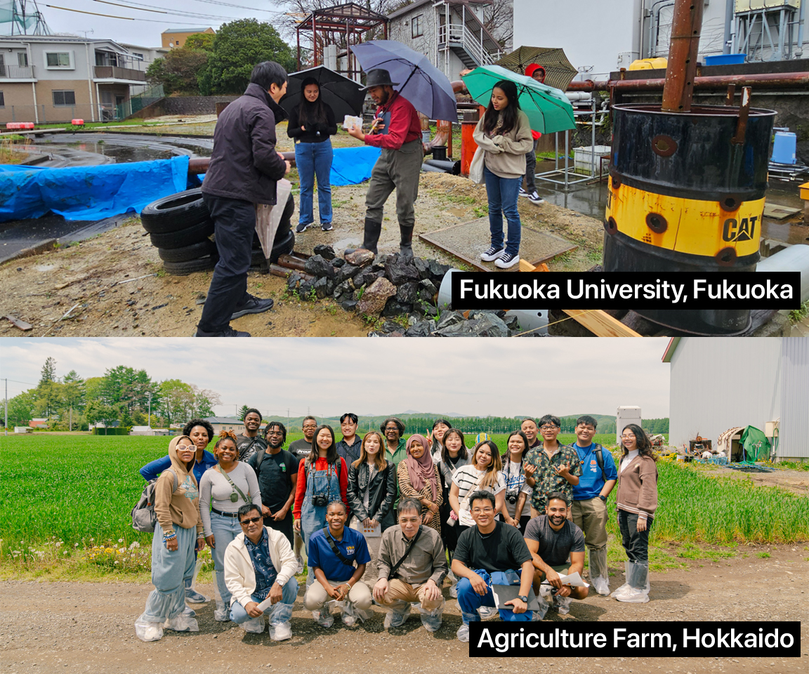 A presenter explains Fukuoka University’s on-campus wastewater recycling system to a group of attentive NextGen students in Fukuoka, Japan, top. Students gather for a group in front of one of the many agriculture farms in Hokkaido, Japan, bottom.