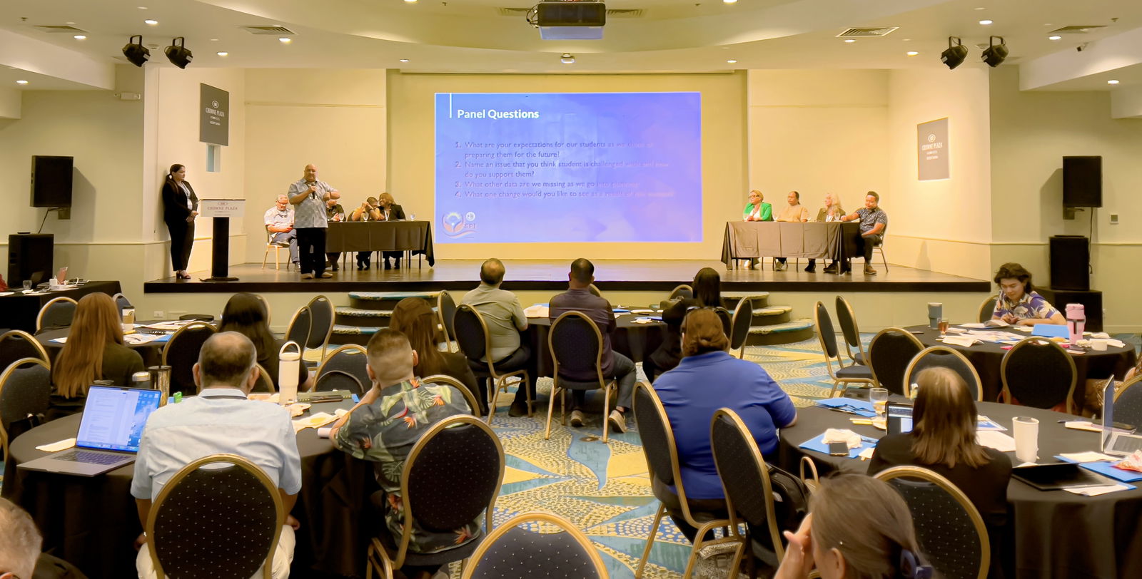 Commissioner of Education Dr. Lawrence F. Camacho, standing second left, was the lead convenor of the first Strategic Planning Institute of the Public School System at Crowne Plaza Resort Saipan  on Monday. Joining Camacho as co-facilitator in the morning and afternoon panel discussions is Special Education State Director Donna M. Flores. The panelists  included University of Guam’s Senior Vice President and Provost Dr. Sharleen Santos-Bamba, Commonwealth Healthcare Corporation Chief Executive Officer Esther L. Muna, Northern Marianas Technical Institute Chief Executive Officer Jodina Attao, Northern Marianas College executive director to the president Kevin Bautista, Youth Sen. Ayden Yumul, State Parent Advisory Council Vice President Rodney Cabarles, Allison Layland of Region 18 Comprehensive Center, and Saipan Chamber of Commerce board member Alex Sablan.