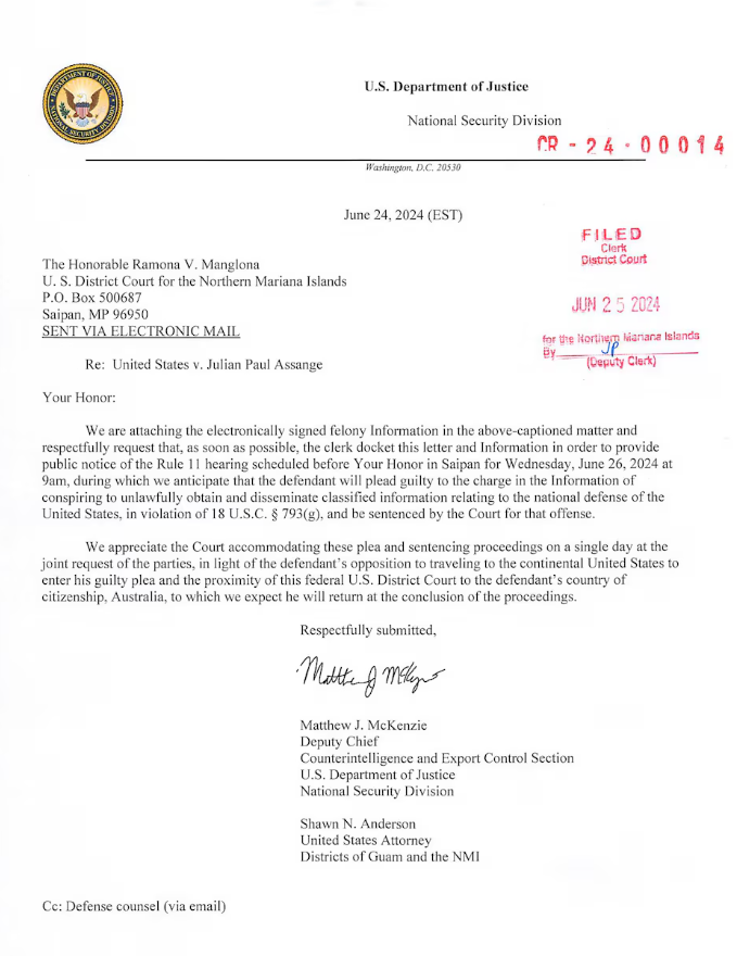 A filing from the U.S. Department of Justice to the U.S. District Court for the Northern Mariana Islands describes a plea deal regarding Wikileaks founder Julian Assange, in this image obtained by Reuters on June 24, 2024.